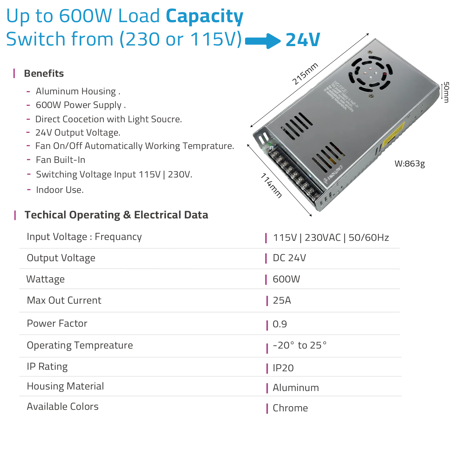 مزود طاقة بقوة 600 واط 24V من الترالايت (P600W24V)