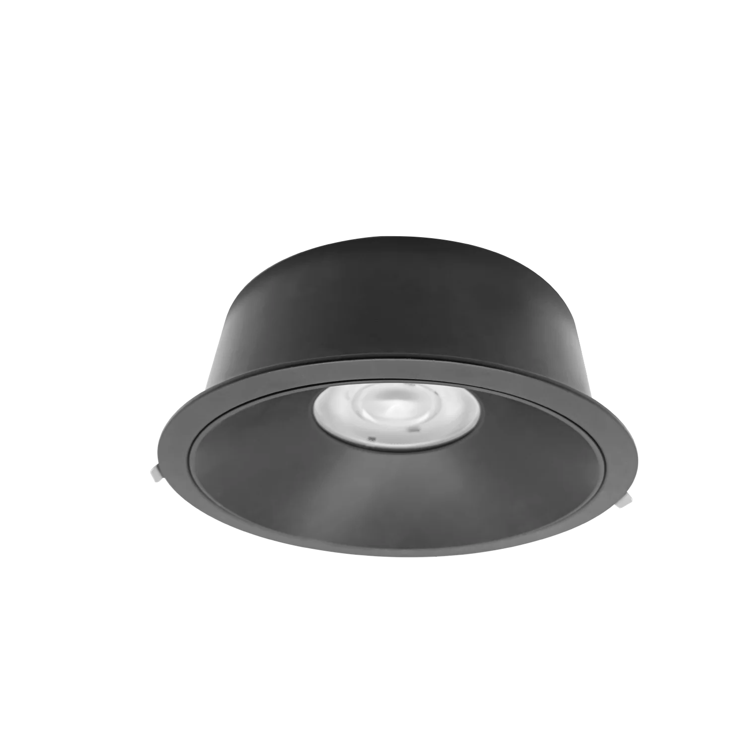 Black recessed ceiling light on a white background