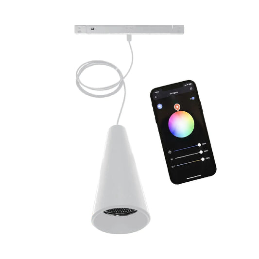 Smart light fixture with smartphone app control on a white background