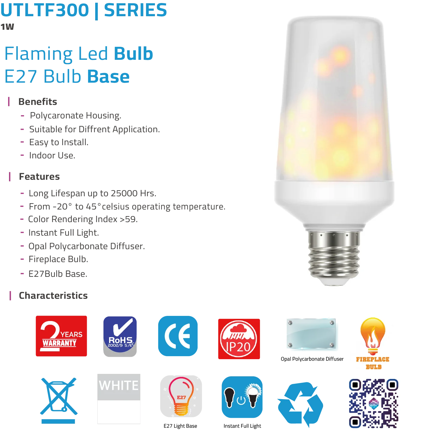 لمبة لهب ديكورية من الترالايت 1 واط (UTLTF300) – ضوء دافئ بتأثير شعلة مع قاعدة E27