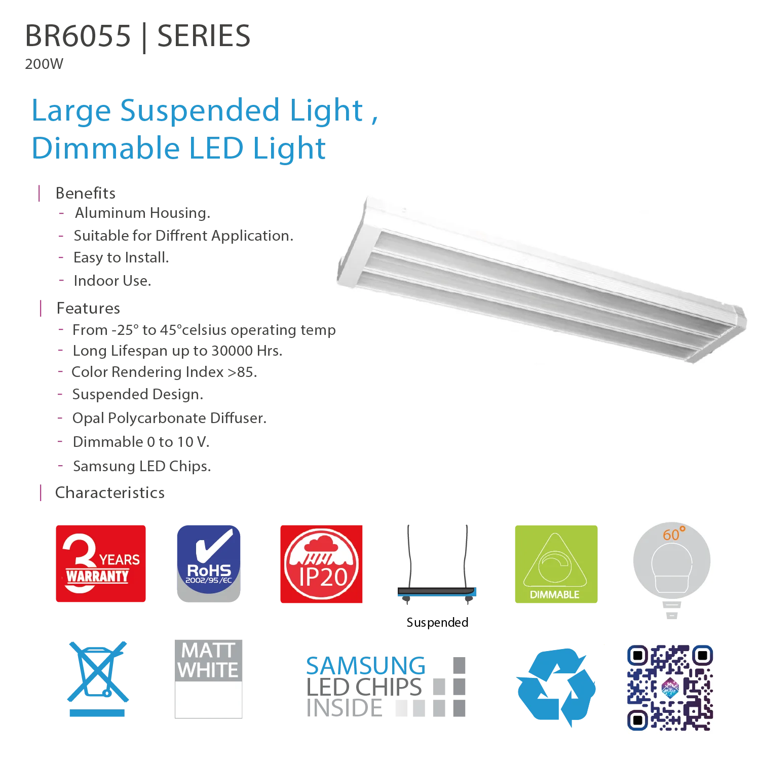 إنارة معلقة من الترالايت 200 واط - قابل للتخفيت - مقاوم للماء (BR6055)