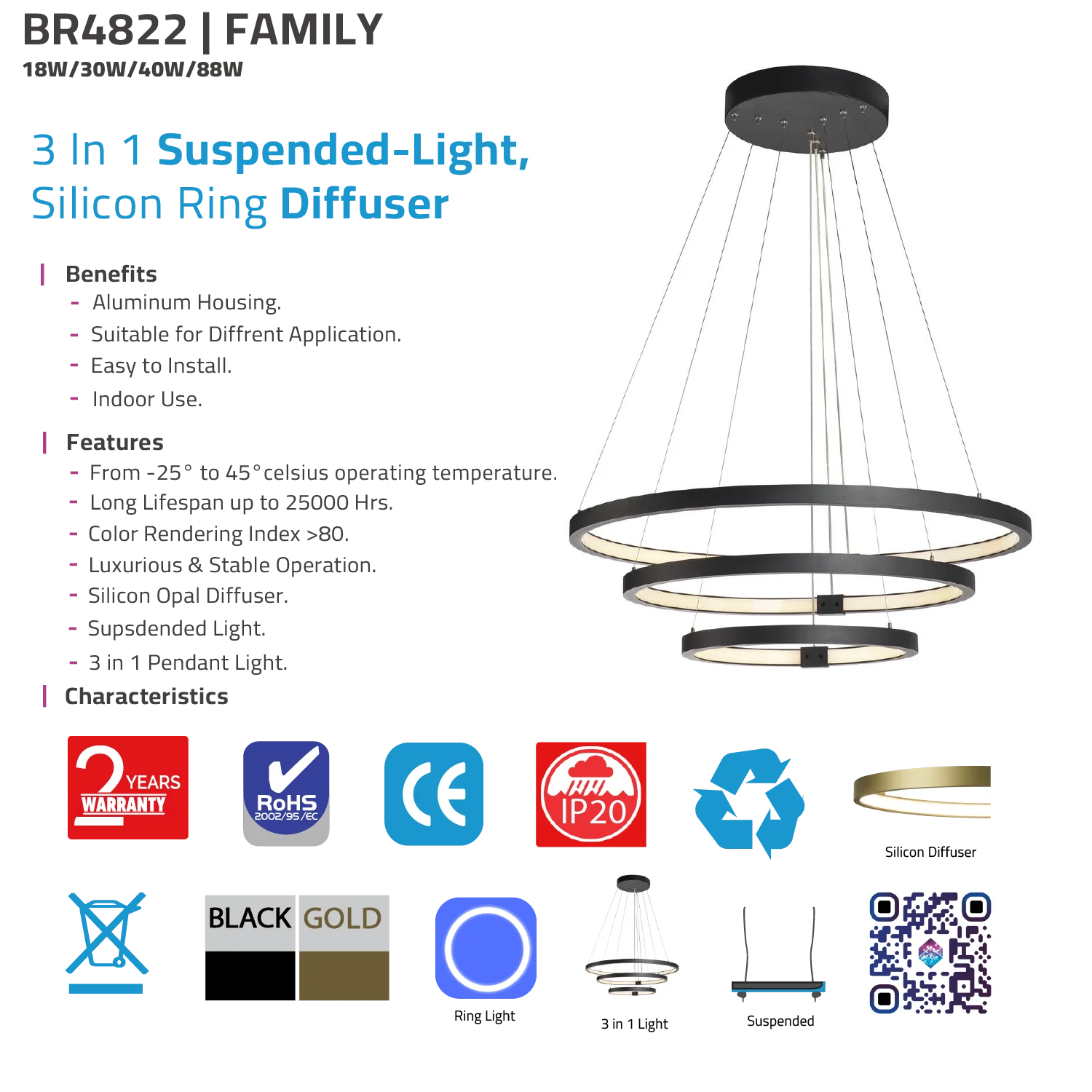 ثريا معلقة ليد 88 واط (BR4822) – تصميم ثلاثي الحلقات مع ناشر سيليكون وإطار من الألمنيوم الفاخر