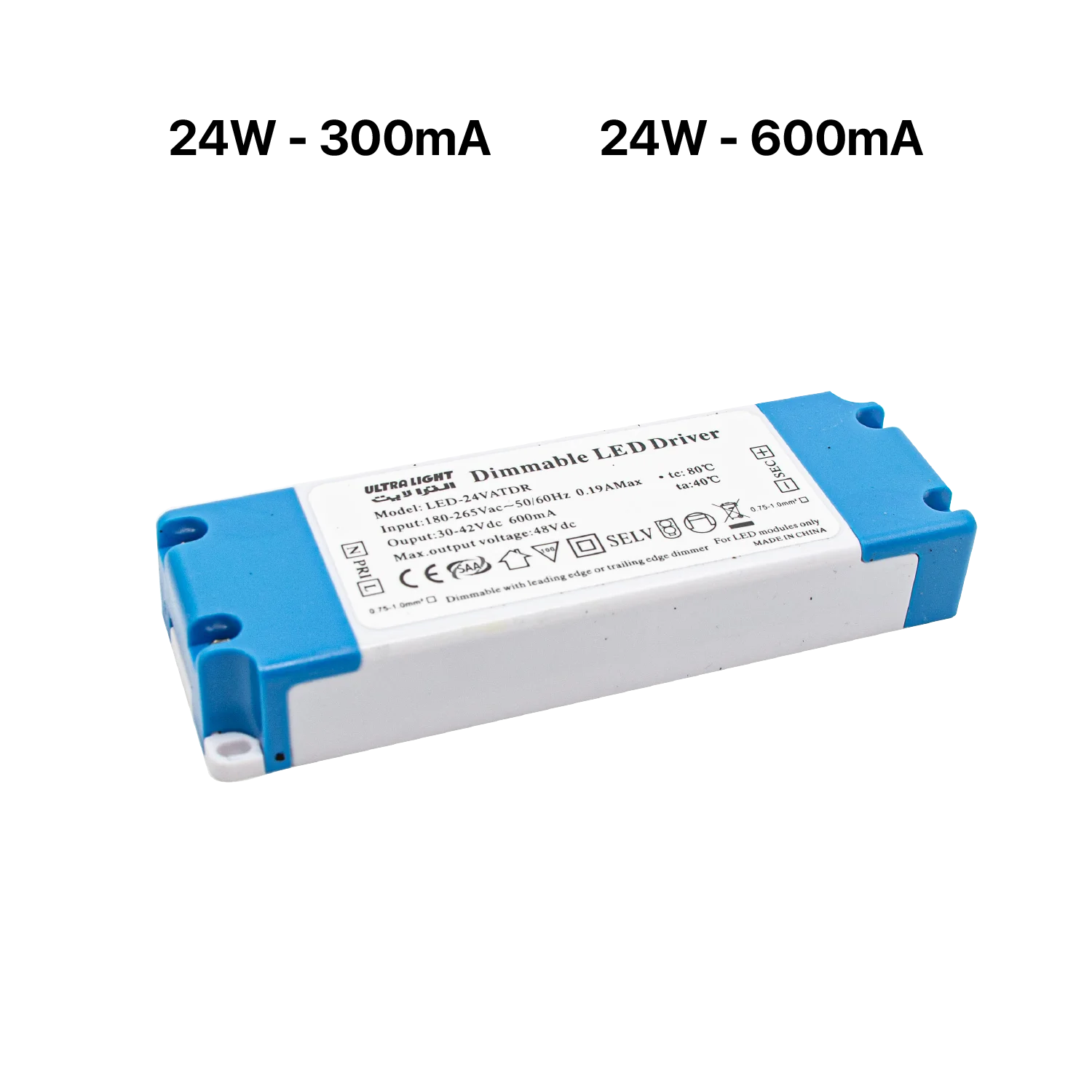 Dimmable LED driver with specifications on a white background