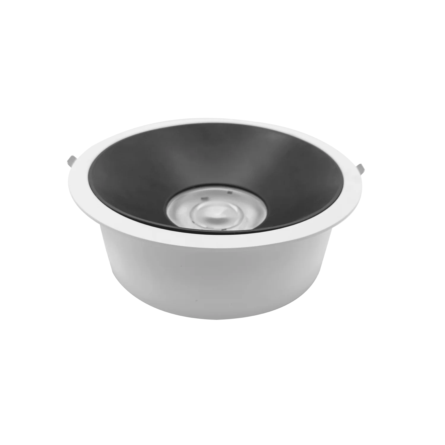 Round metal sink with black interior and white exterior on a white background