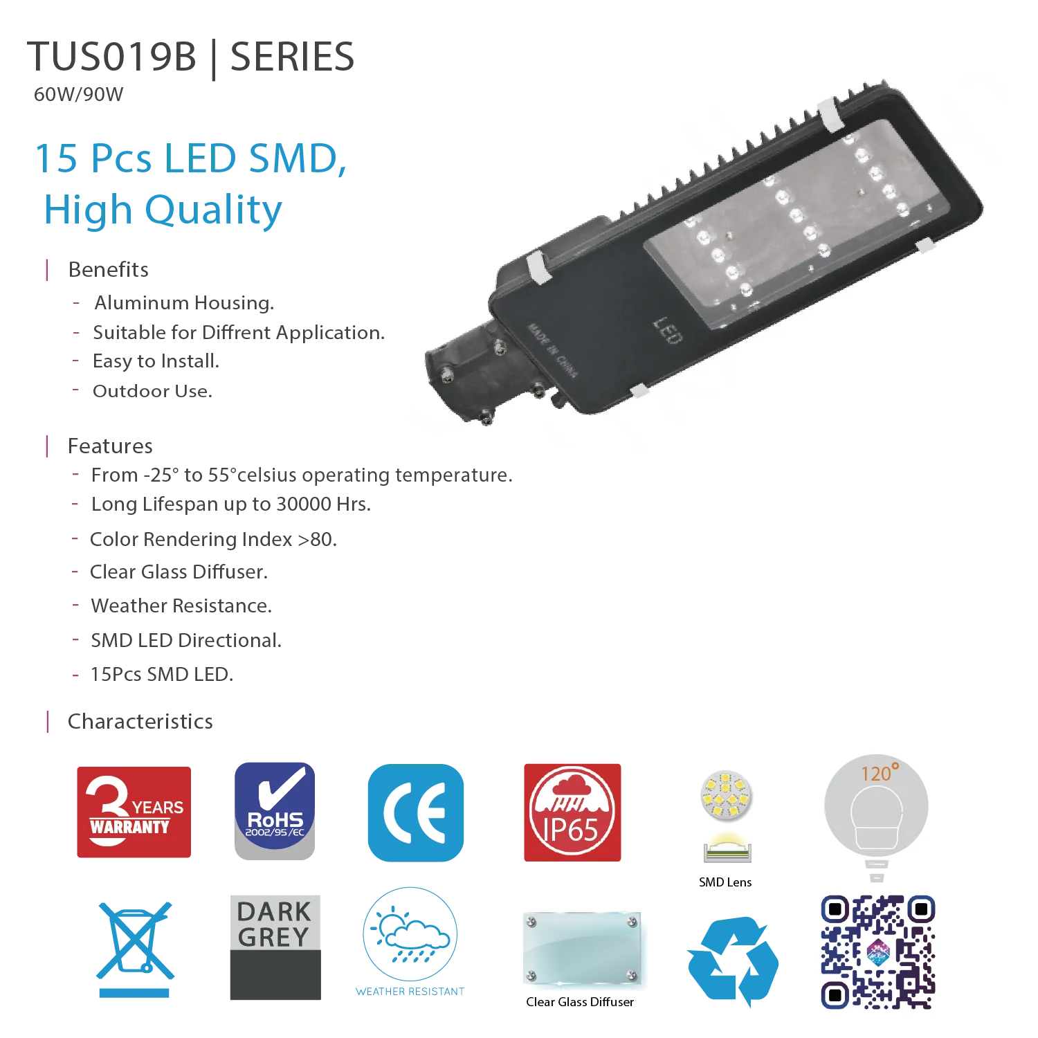 Ultra Light LED Street Light, 60W – 90W, IP65 Aluminum Housing (TUS019B)