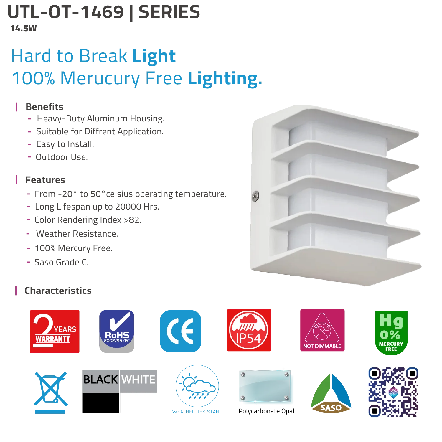 انارة جدارية خارجية ليد (UTL-OT-1469) – تصميم أنيق من الألمنيوم القوي وحماية IP54 مع ناشر أوبال