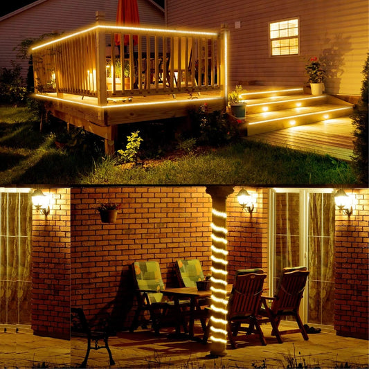 Top image: Deck with string lights at night, bottom image: Outdoor patio with string lights.