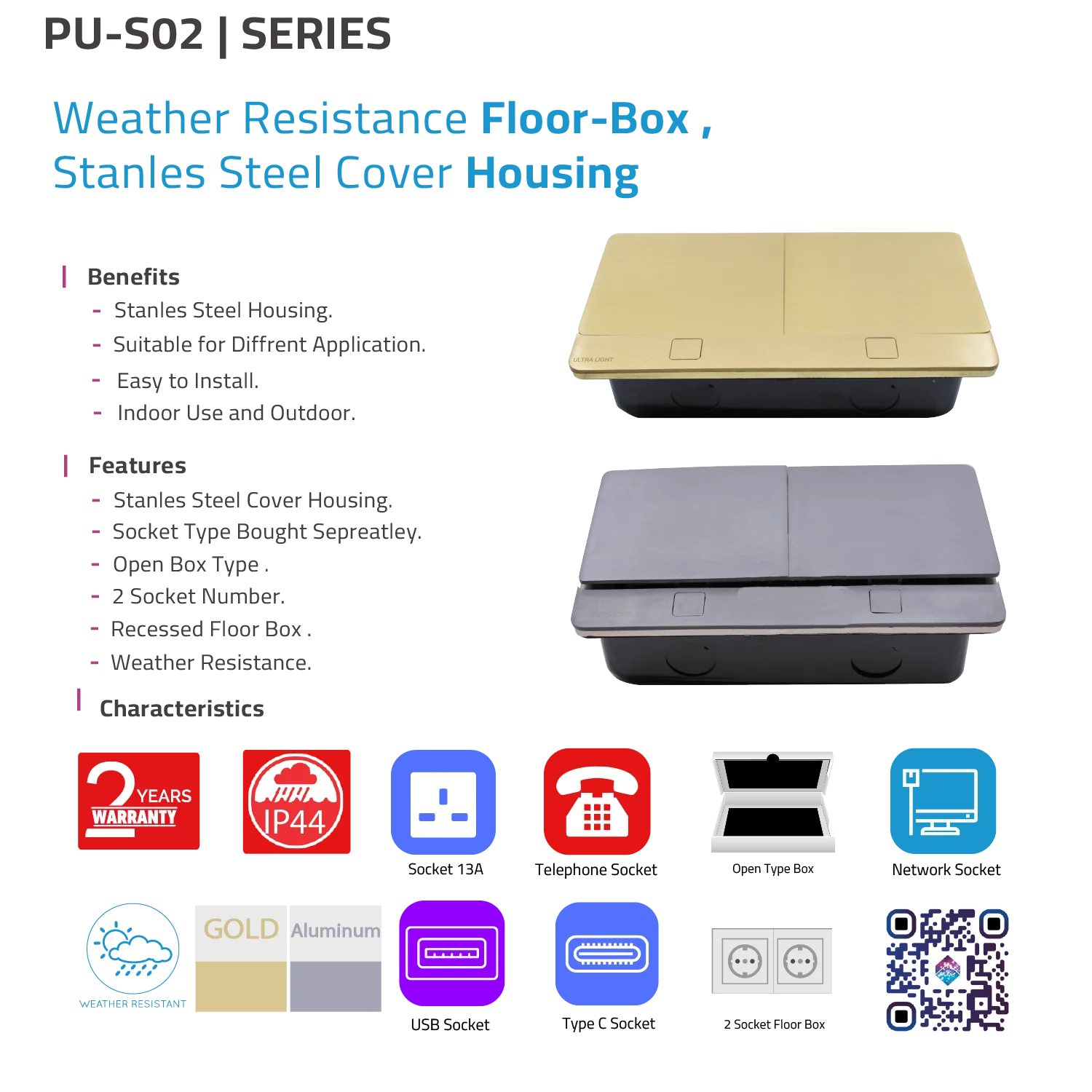 Weather resistance floor box with stainless steel cover housing, featuring benefits, features, and characteristics on a white background.