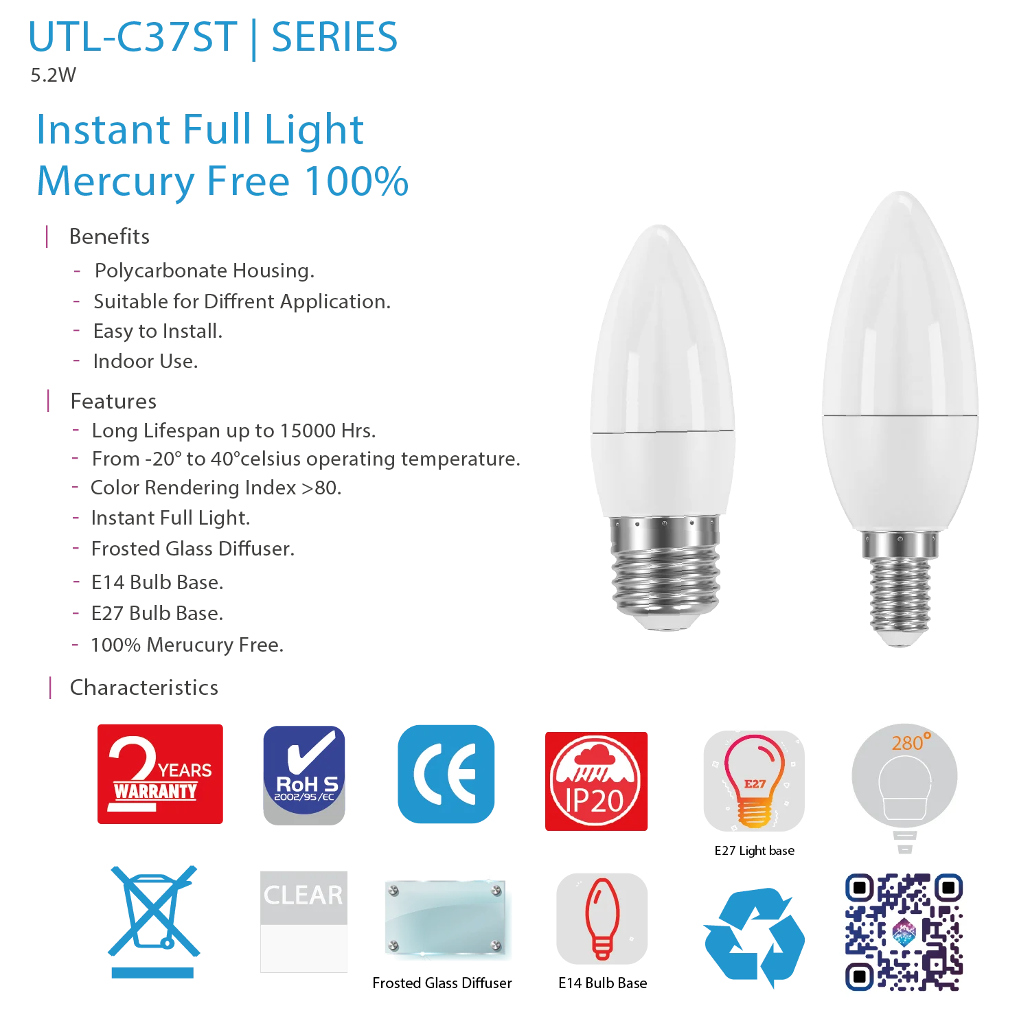 لمبة ليد شمعة ثلجية الترالايت 5.2 واط - إضاءة فورية وموفرة للطاقة (UTL-C37ST)