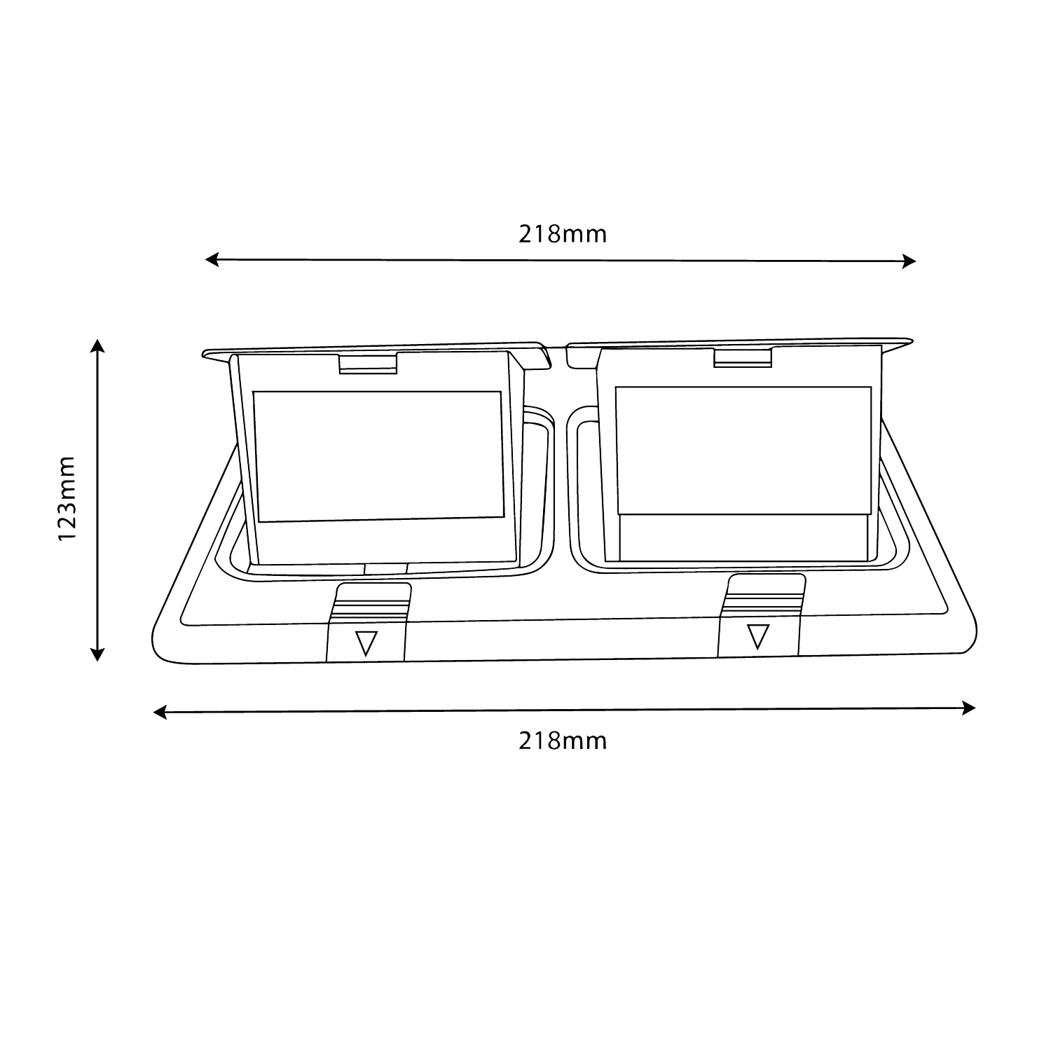 Technical drawing of a car sun visor with dimensions labeled