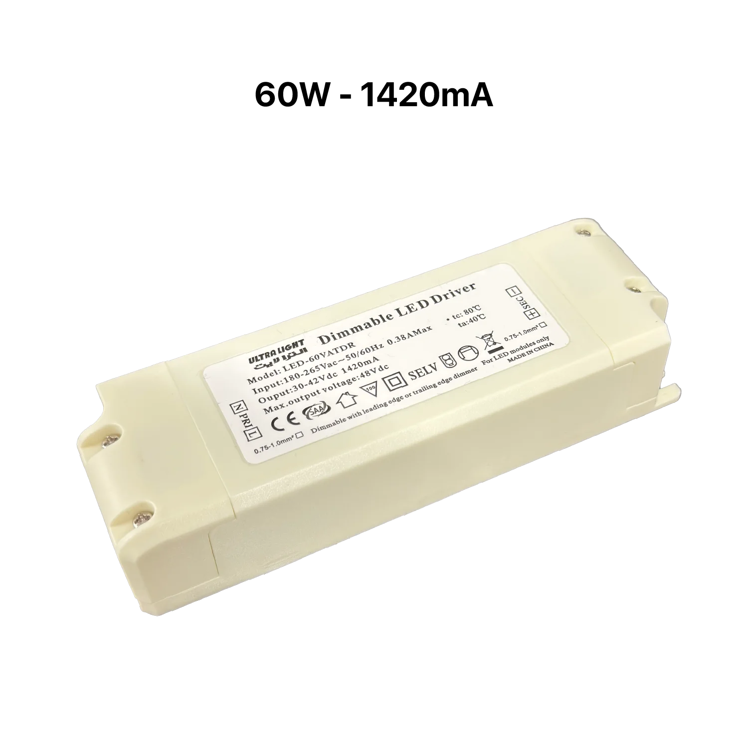 Dimmable LED driver with specifications on a white background