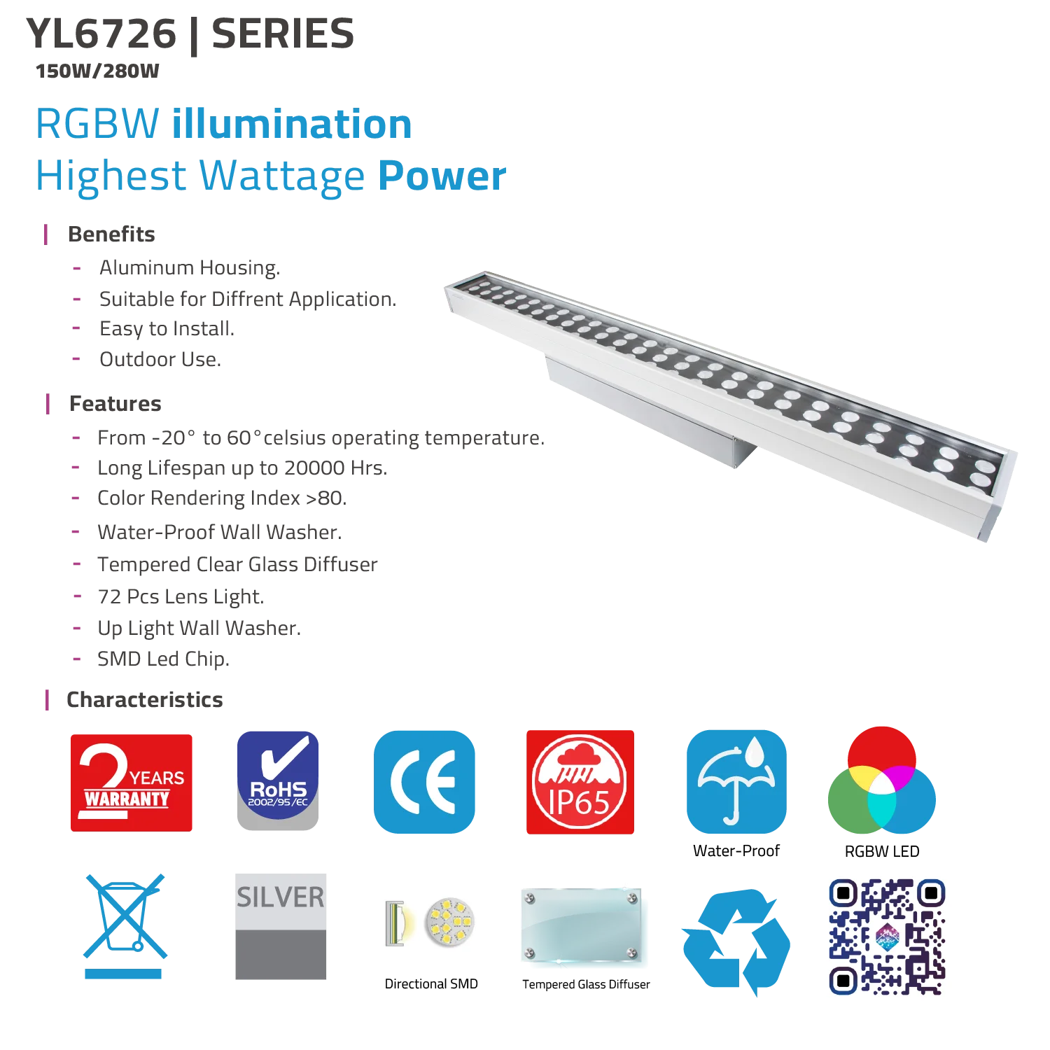 كشاف حائط ليد قوي 150 واط الترالايت للإضاءة الخارجية – مقاوم للماء IP65 (YL6726)