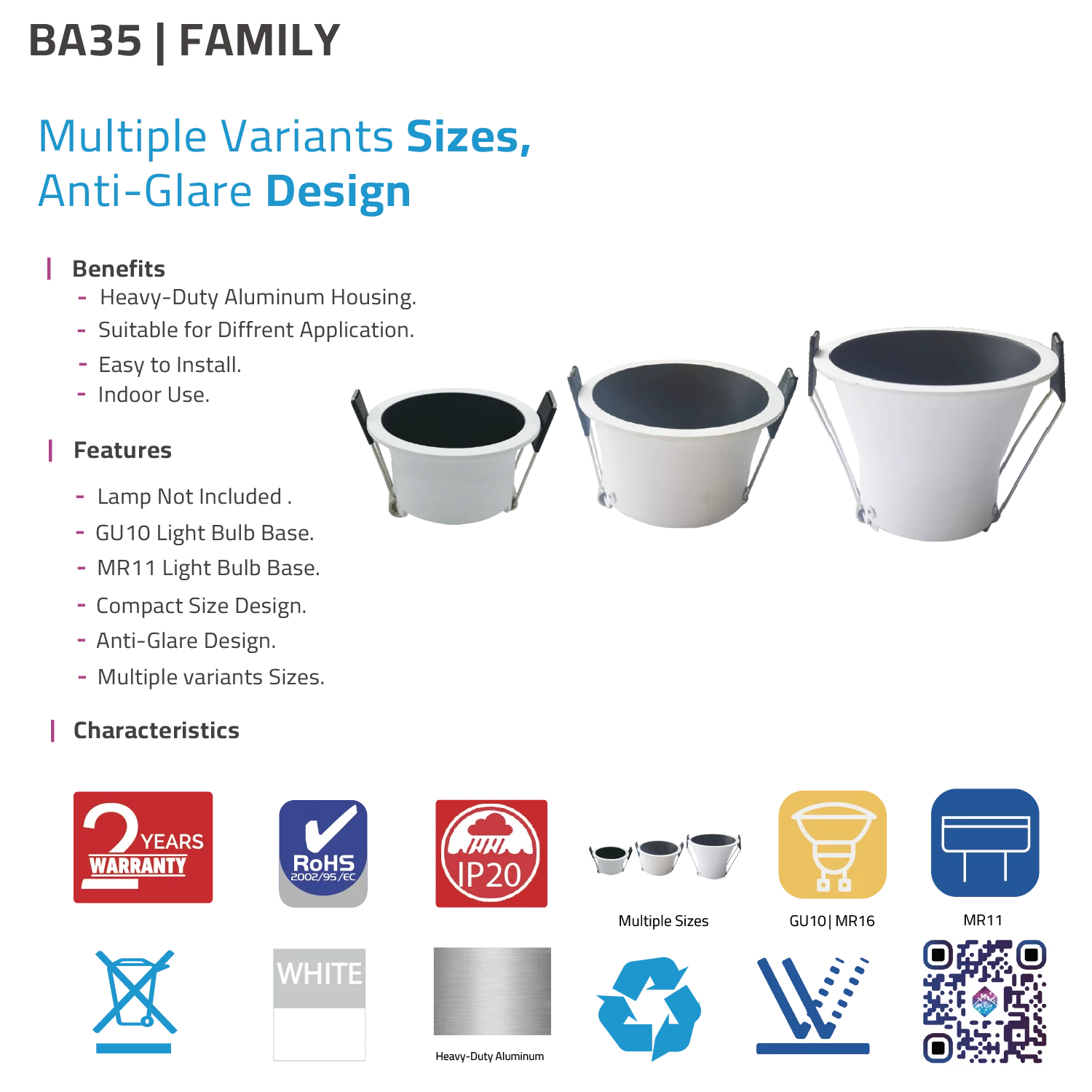 إطار سبوت لايت داخلي – تصميم مضاد للوهج بمقاسات متعددة (BA352)
