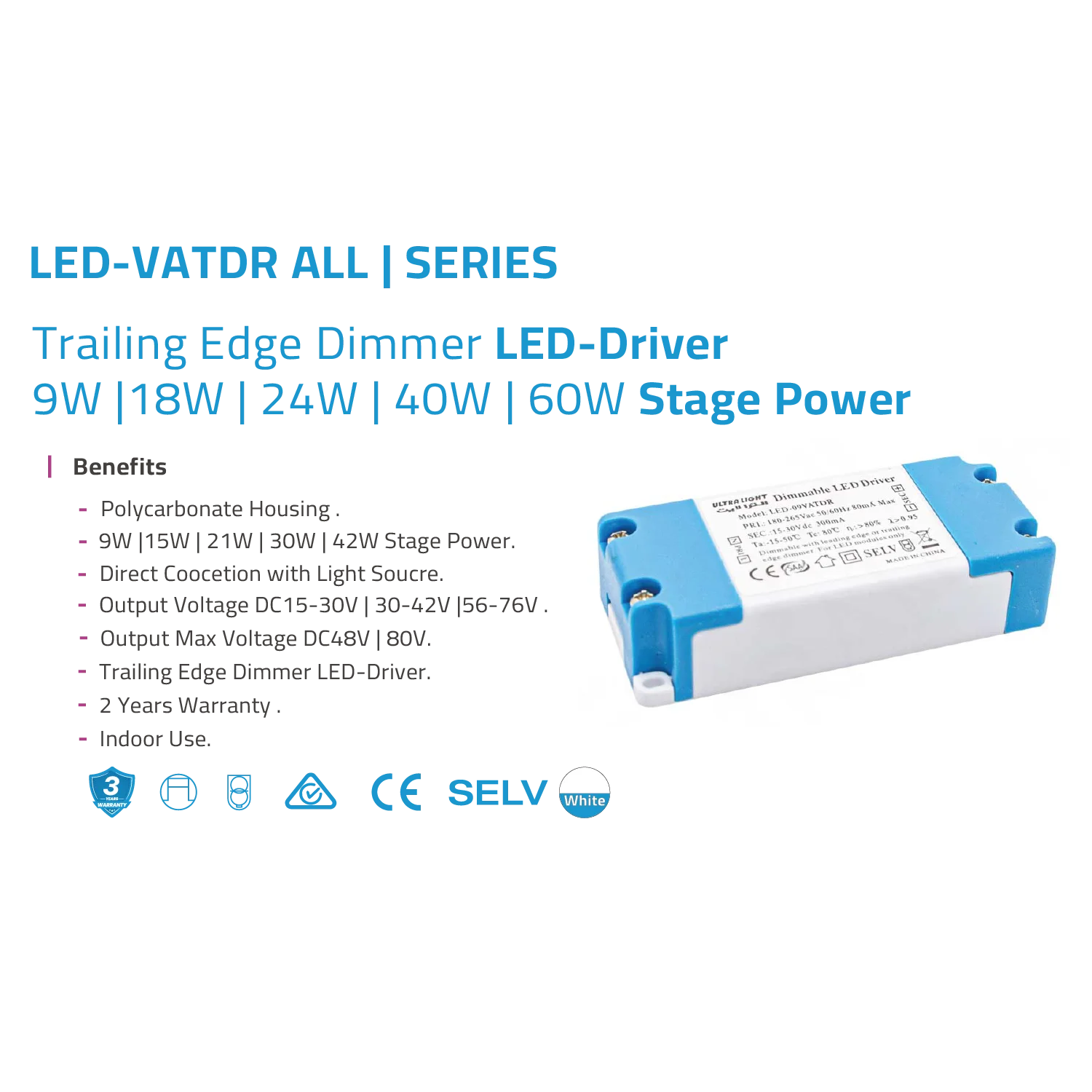 LED driver with specifications and benefits on a white background