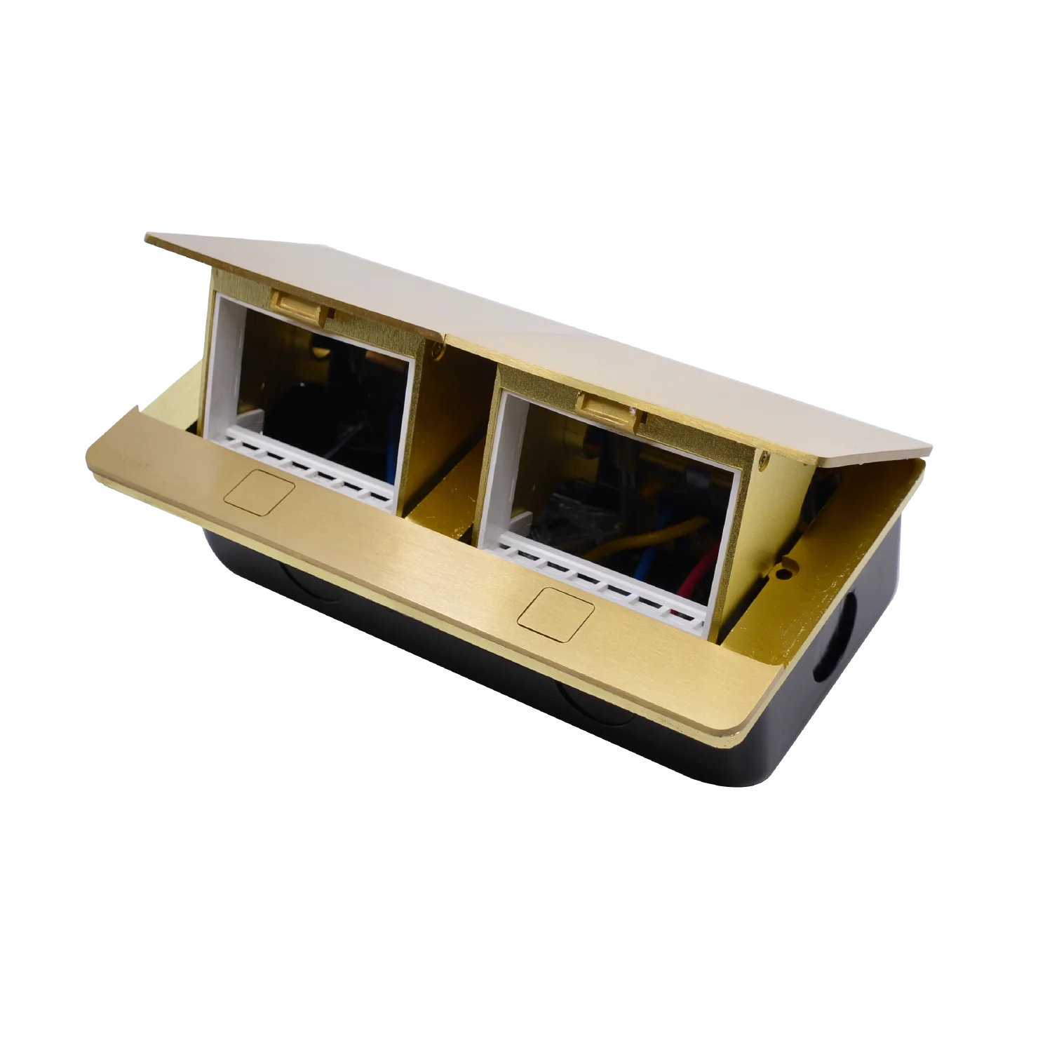 Gold and black electronic device with two screens on a white background