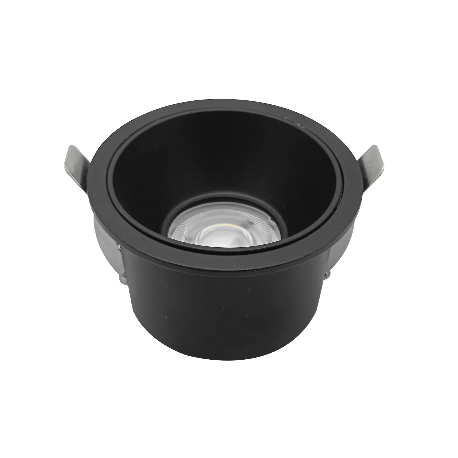 Black recessed lighting fixture on a white background