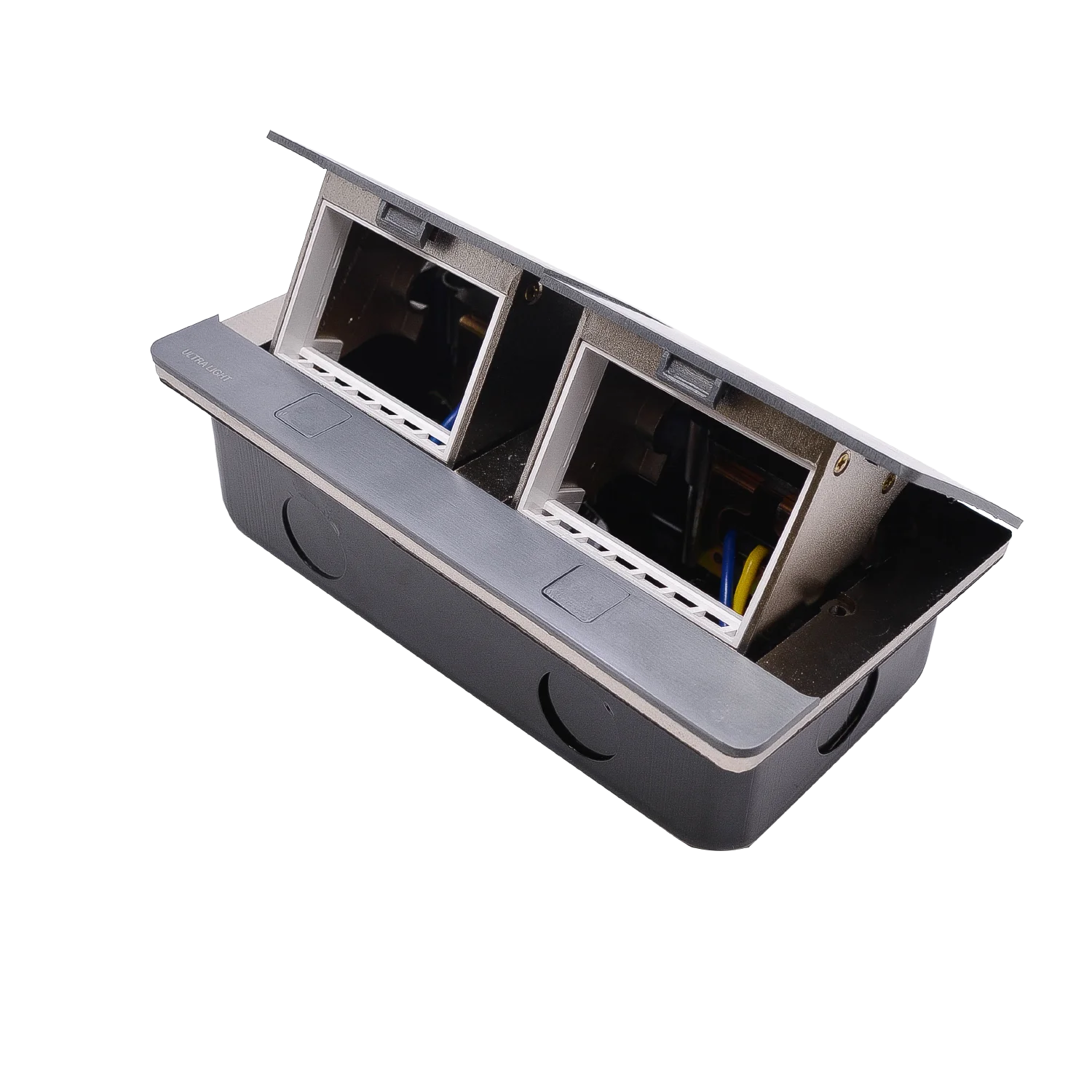 Gray electronic device with two open compartments on a white background