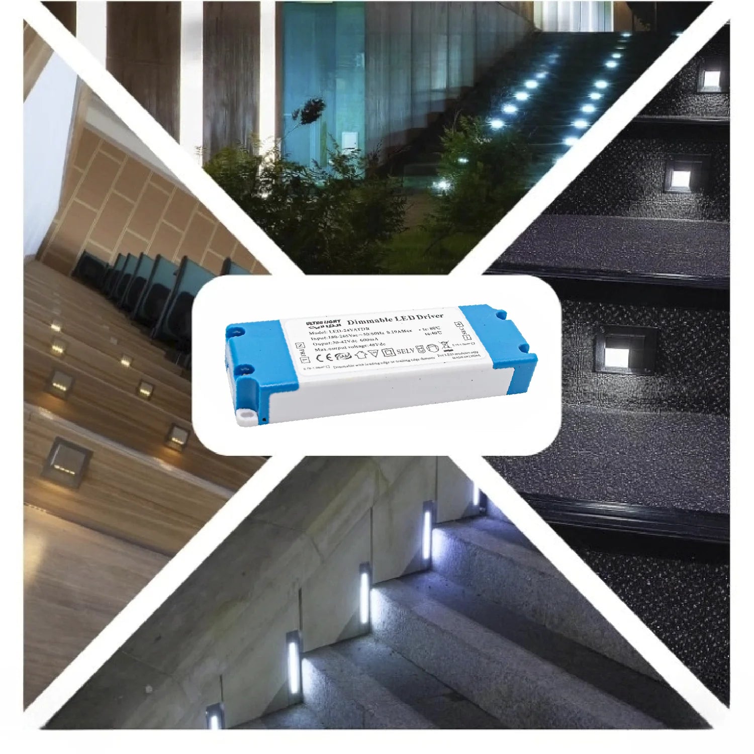 Collage of outdoor lighting fixtures with a focus on a blue and white LED driver.