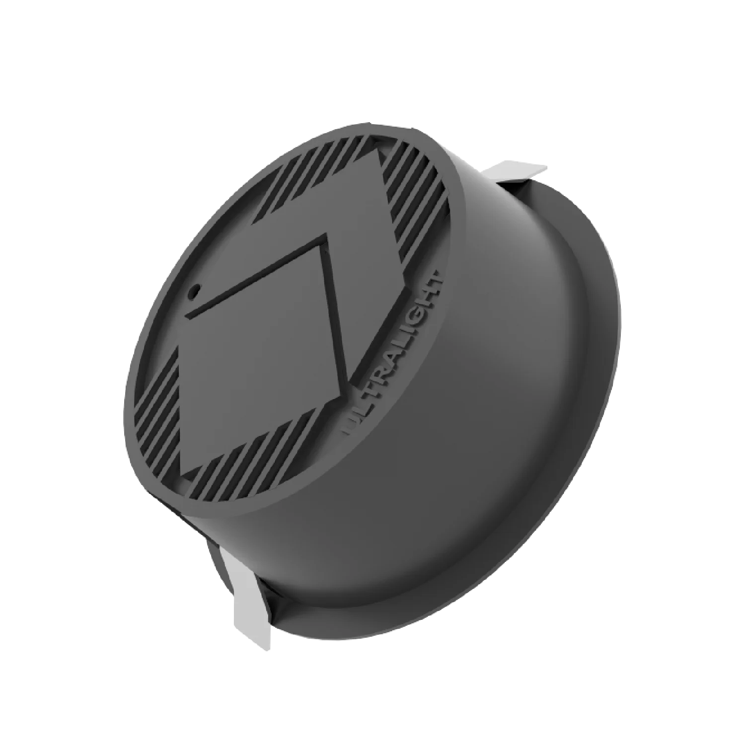 Black camera lens cap with brand logo on a white background