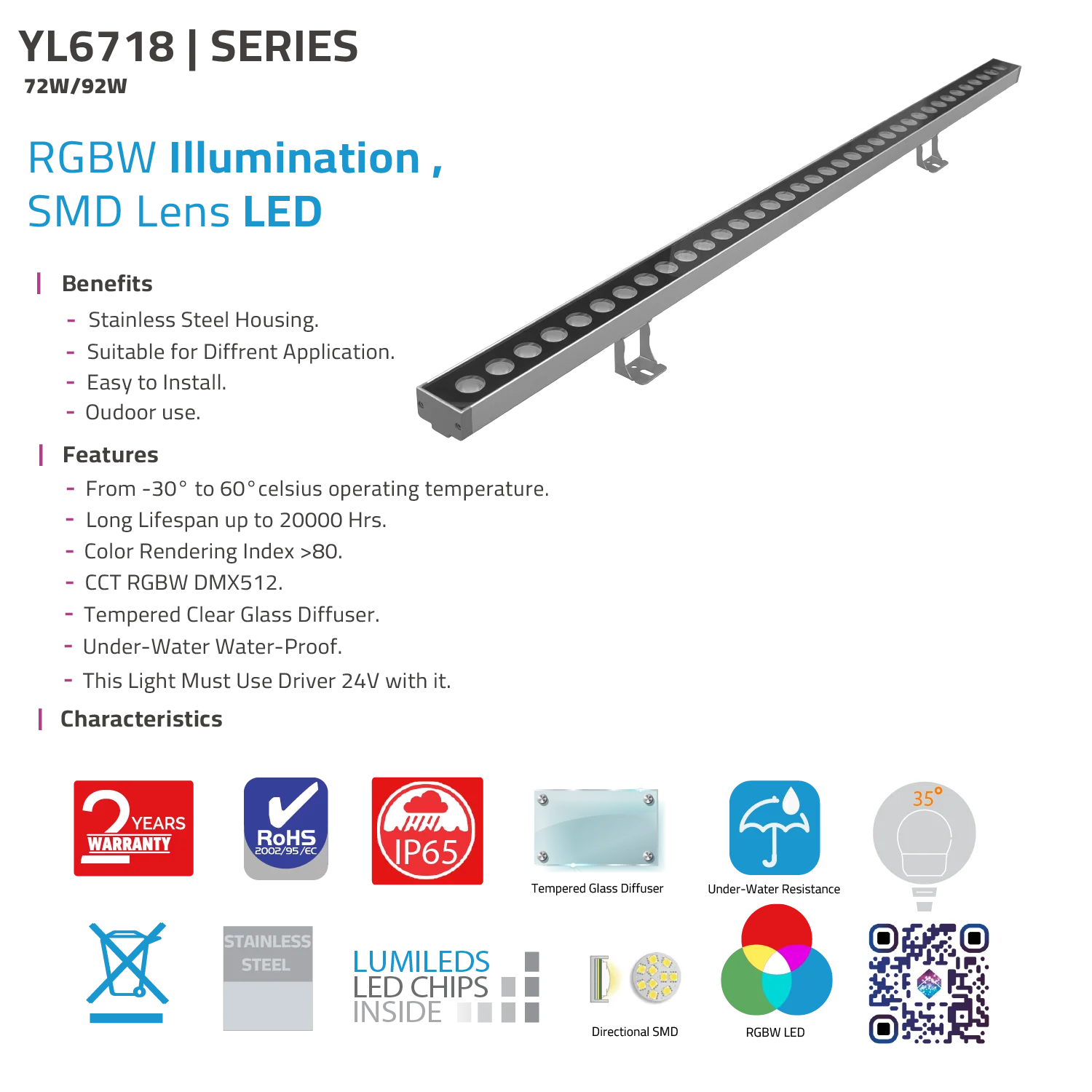 إضاءة وال وشر خطية 1 متر مقاوم للماء IP65 (YL6718)