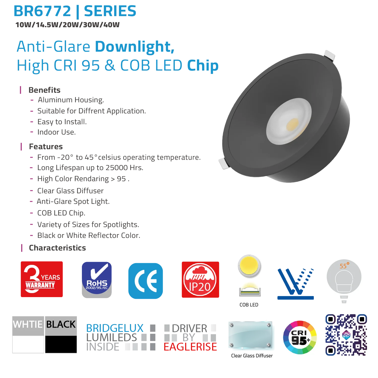إنارة داون لايت بتقنية COB - مضاد للتوهج CRI 95 - إضاءة عالية الأداء (BR6772)