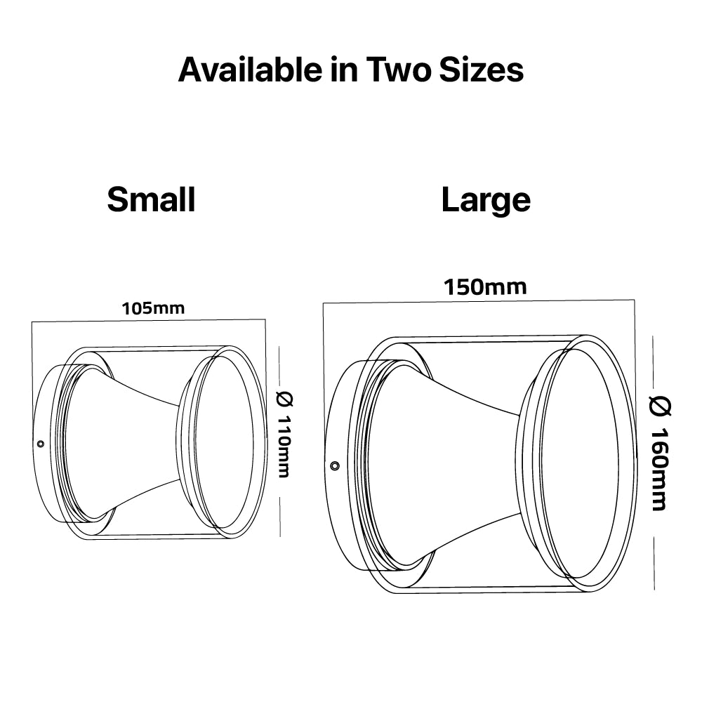 Illustration of small and large cylindrical filters with dimensions labeled.