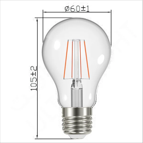 LED light bulb with dimensions on a white background