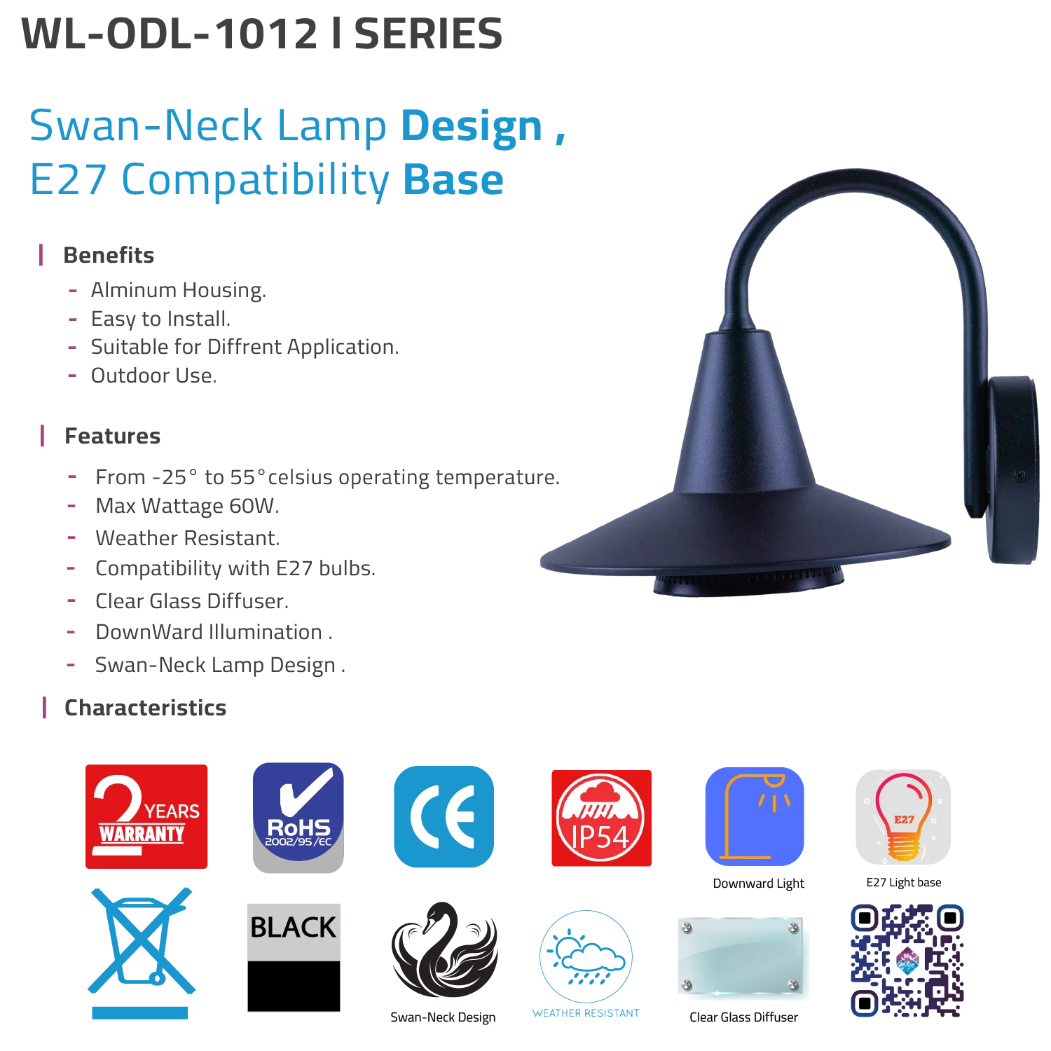 Wall-mounted lamp with swan-neck design and E27 compatibility base, featuring product details and certifications on a white background.