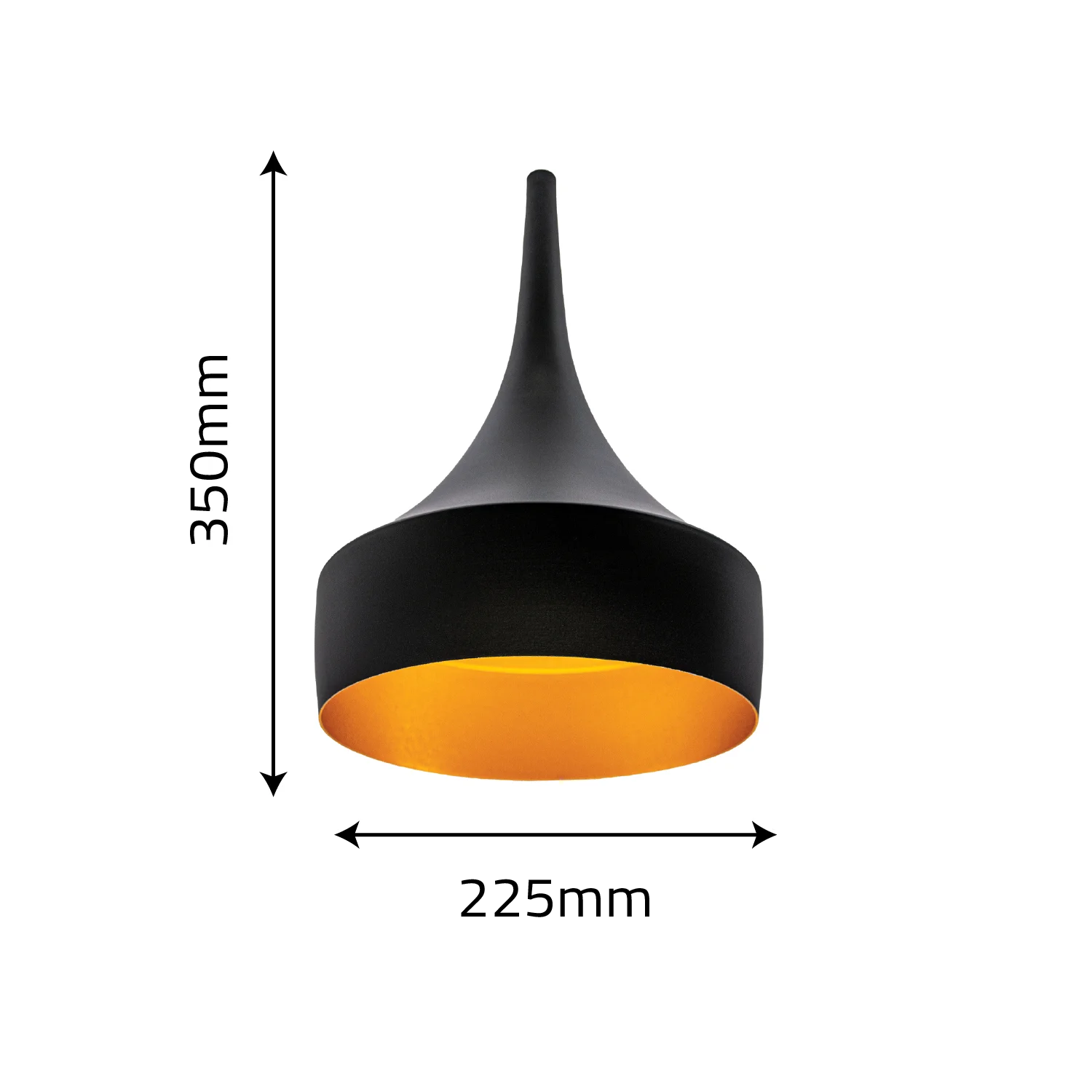 Black and orange pendant light with measurements on a white background