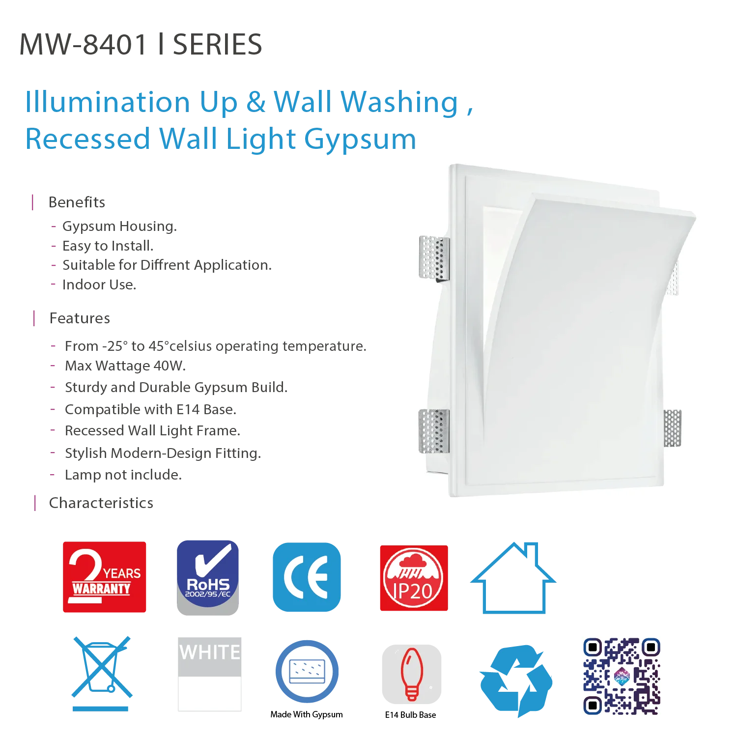 إنارة جدارية غاطسة داخل الجدار الترالايت من الجيبسين E14 (MW-8401)
