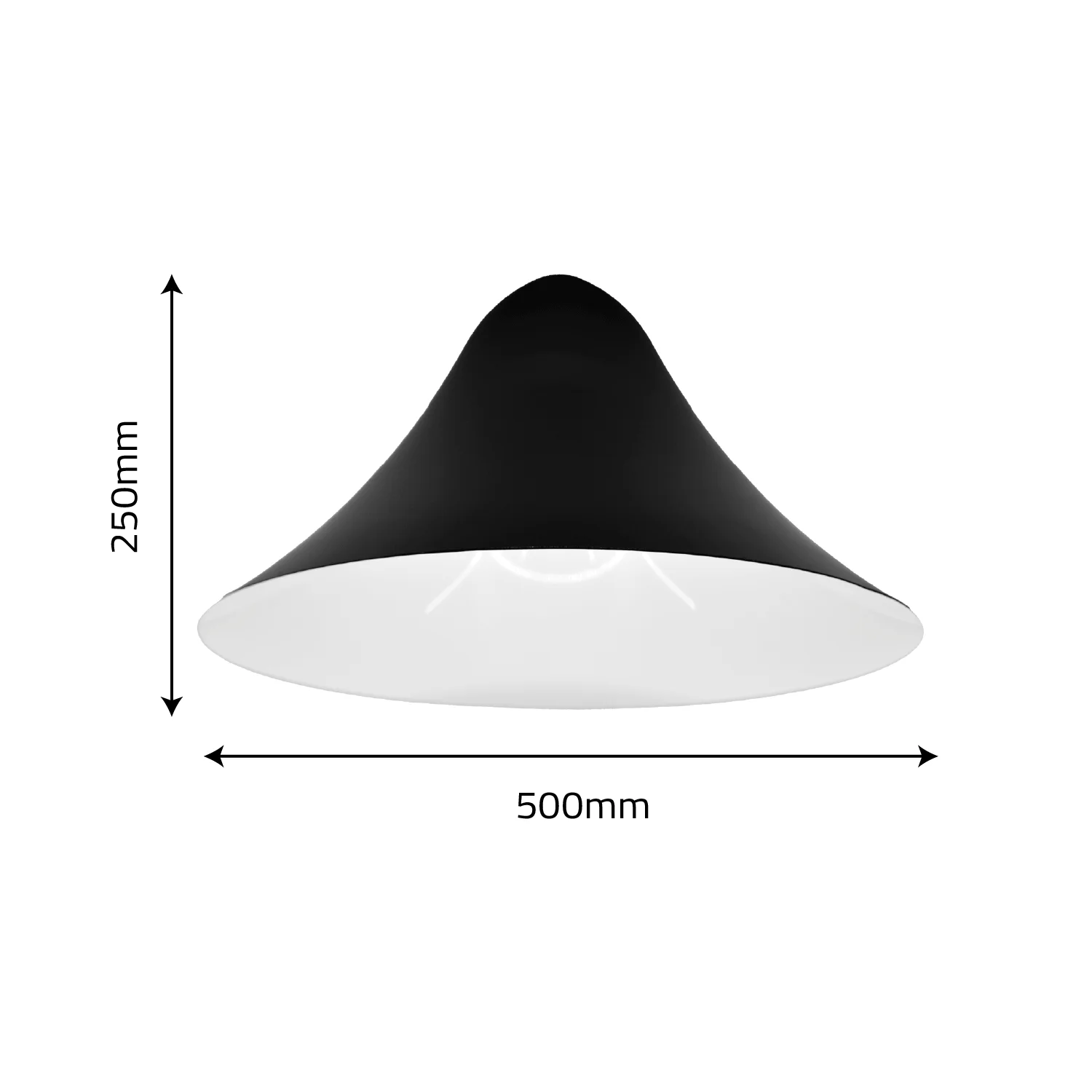 Black pendant light with measurements on a white background