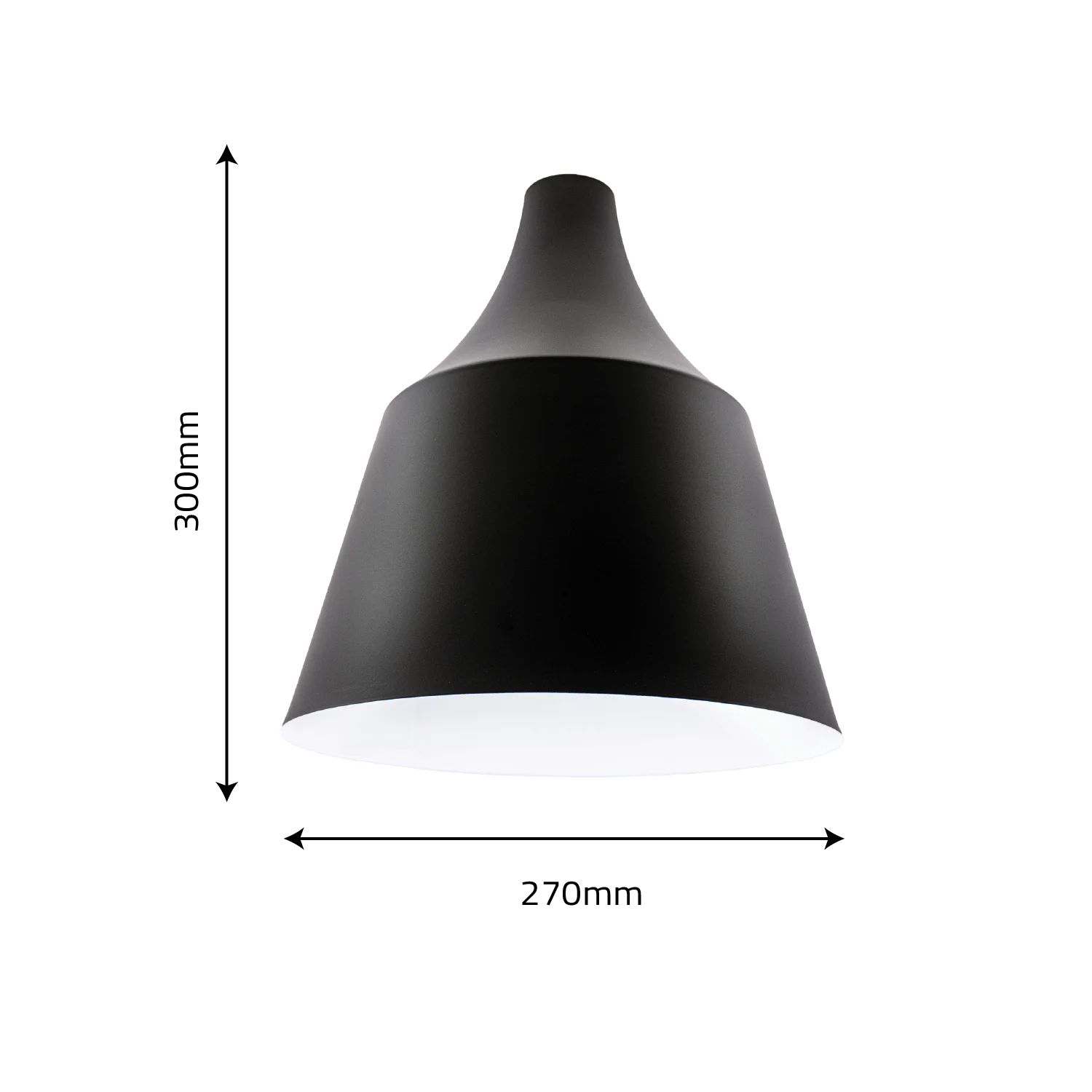 Black pendant light with measurements on a white background