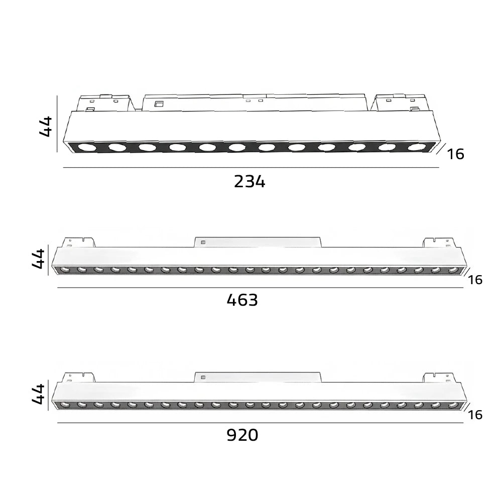Dimensions of a series of rectangular components on a white background
