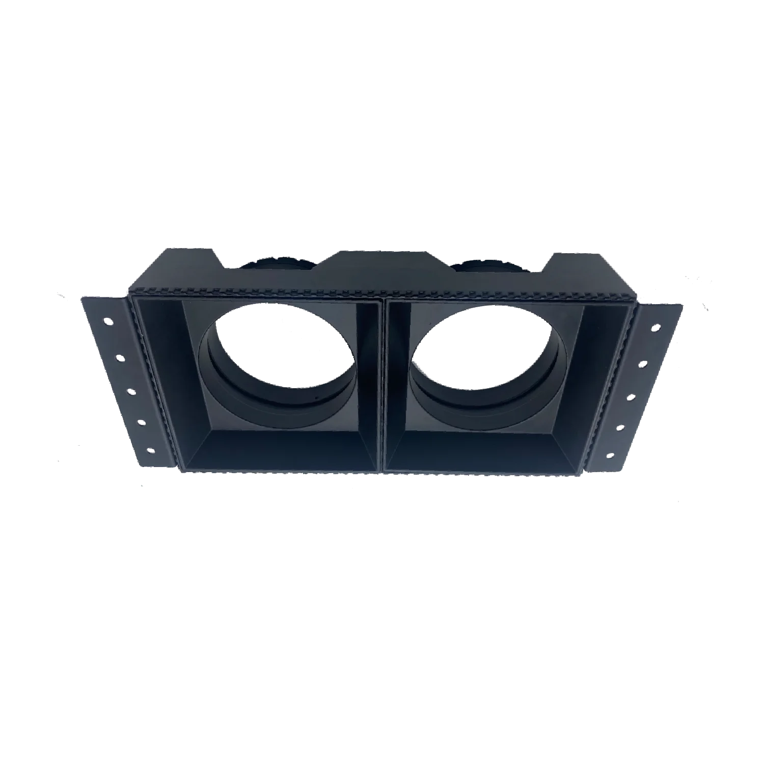 Black metal bracket with two circular holes on a white background