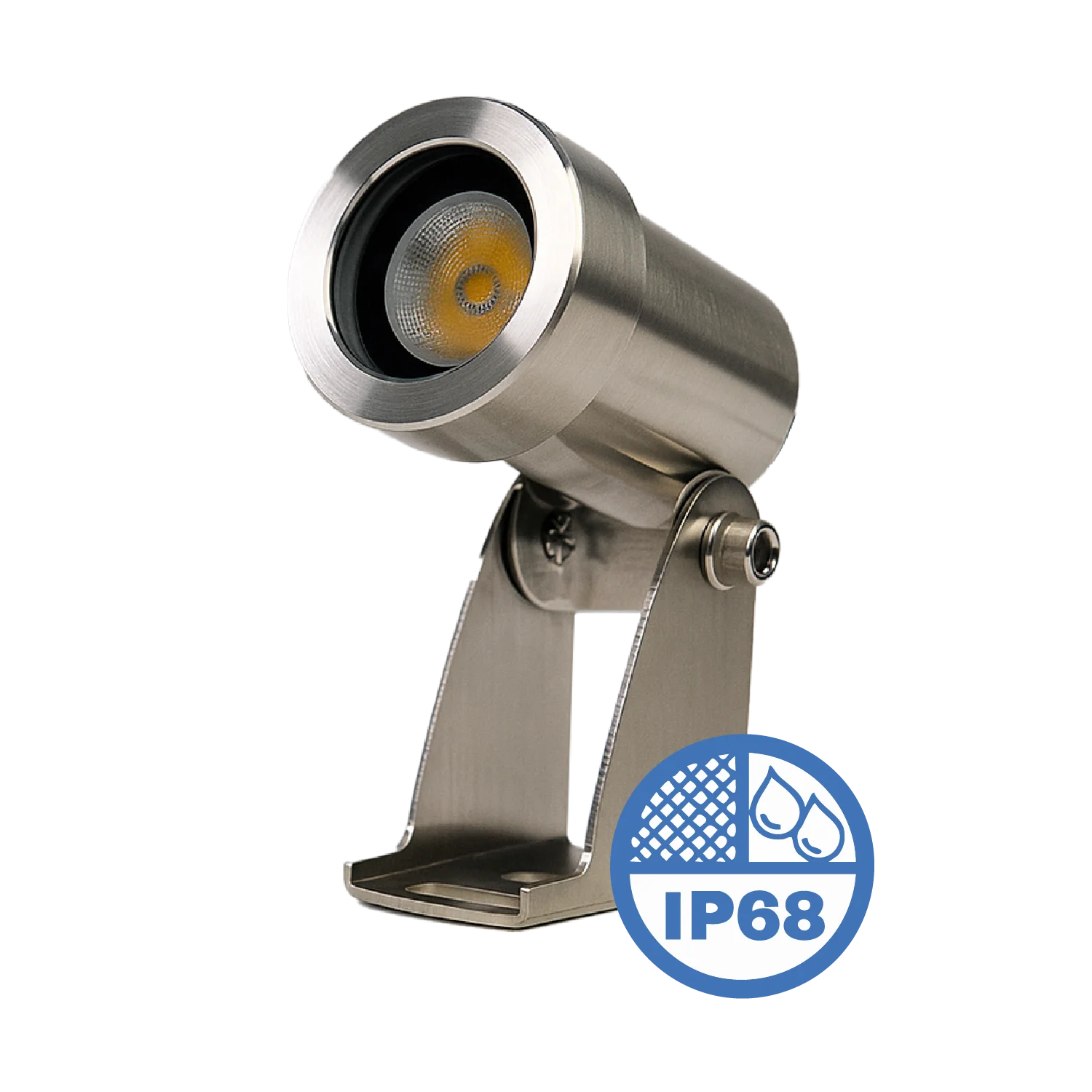 Metallic outdoor light fixture with IP68 rating on a white background