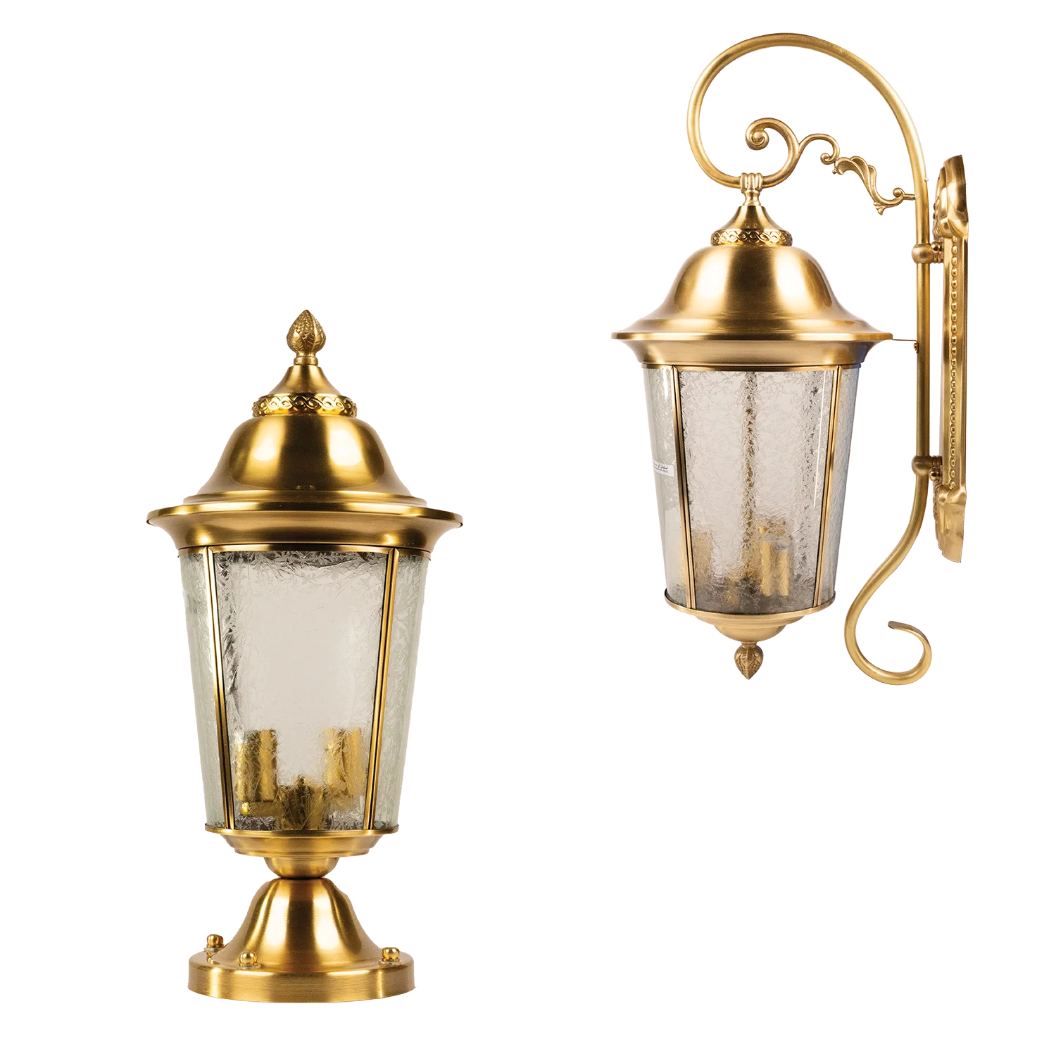 Two gold outdoor wall lights with glass shades on a white background