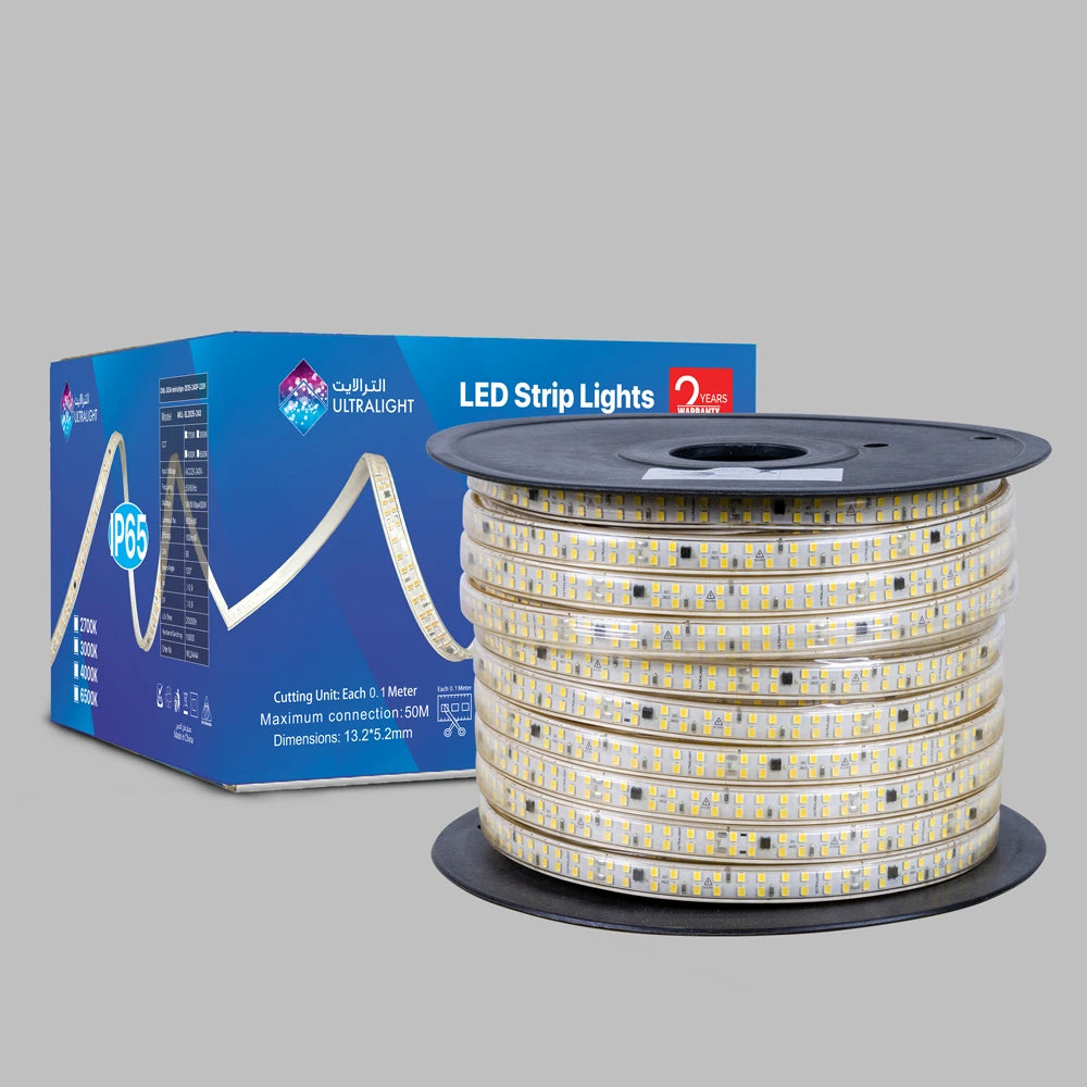 Spool of LED strip lights with packaging on a gray background