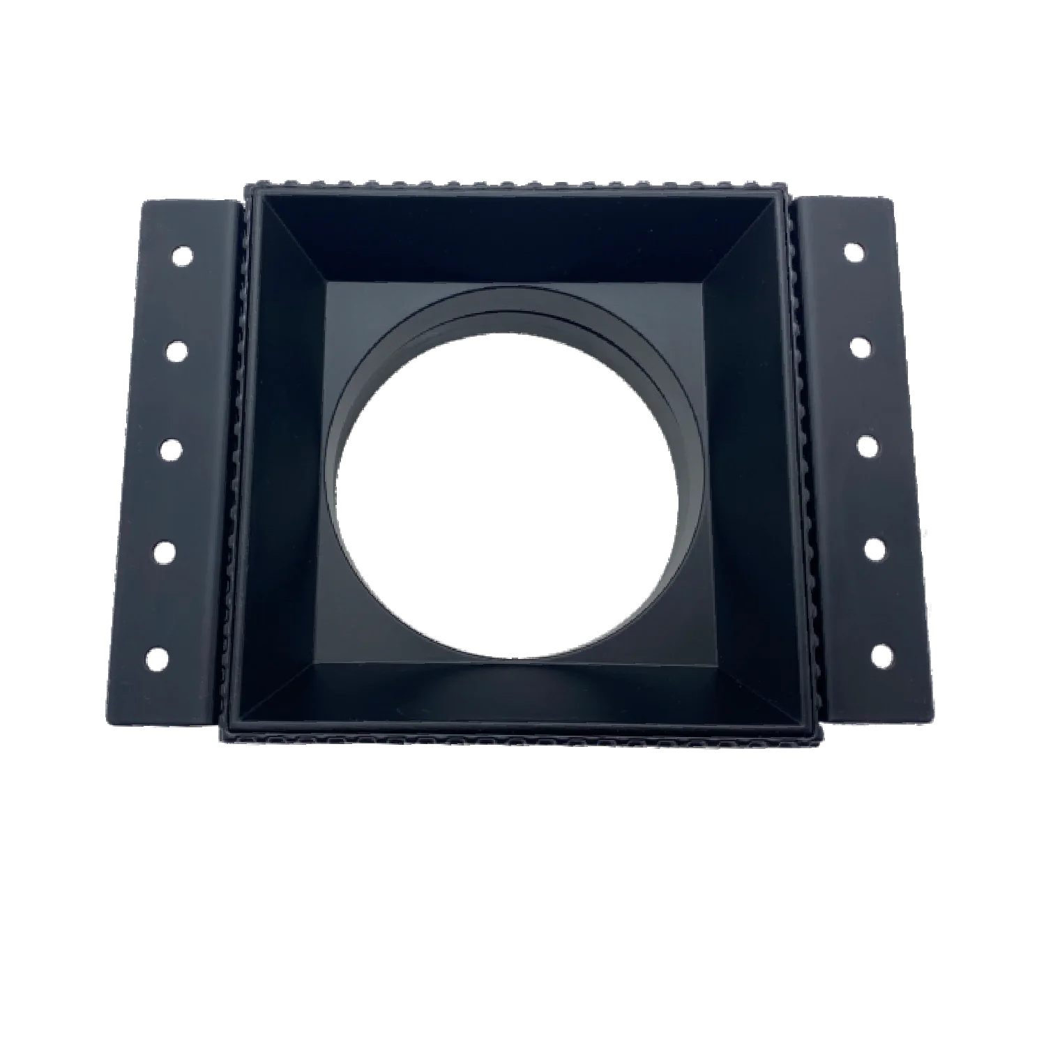 Black square frame with circular cutout on a white background