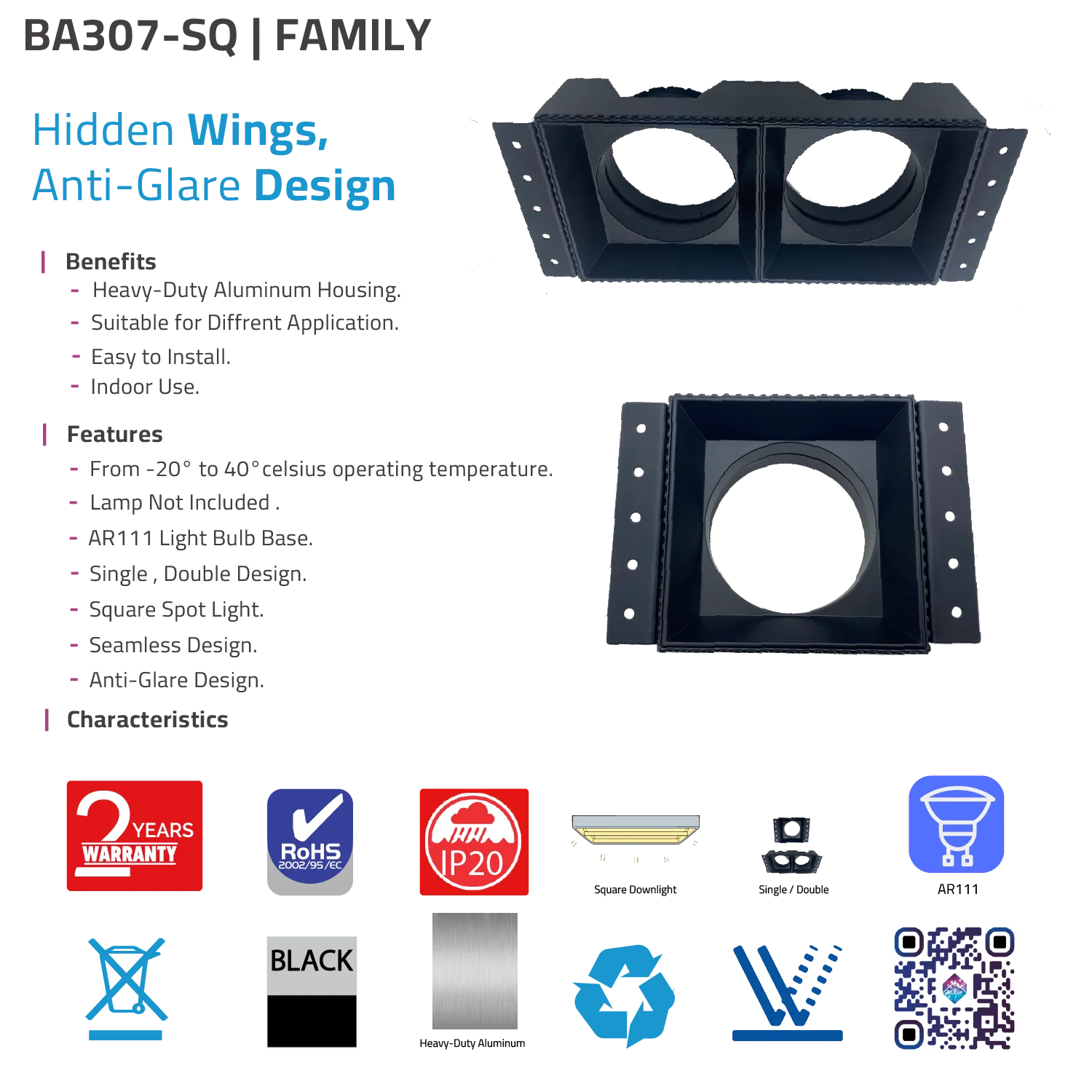 Product details of a lighting fixture with features and specifications on a white background