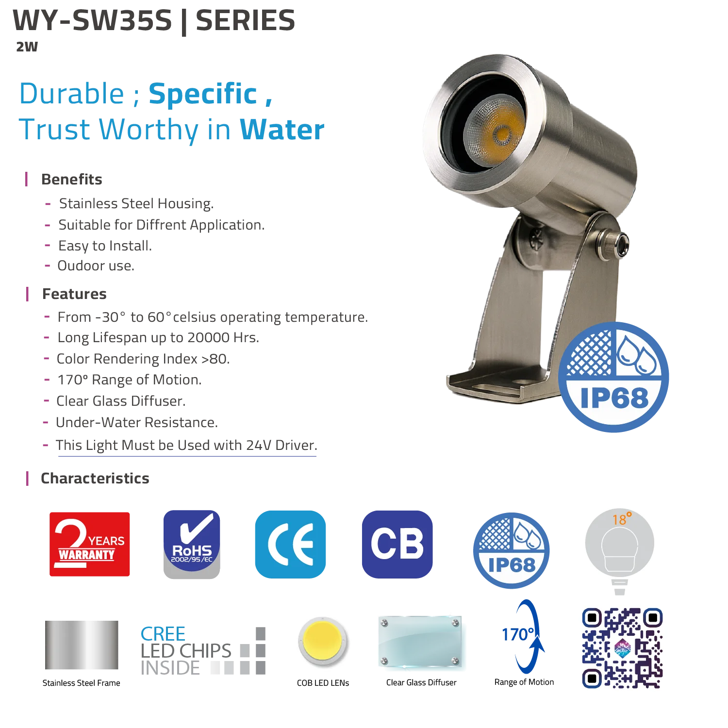 Outdoor spotlight with features and specifications on a white background