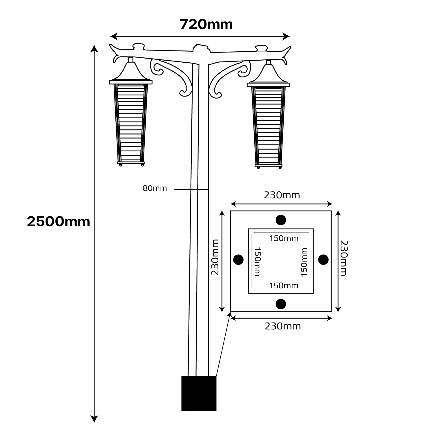 كشاف عمود إنارة خارجي بتصميم فانوس كلاسيكي مزدوج (0304-PL059-2) - قاعدة مزدوجة E27 – مقاوم للعوامل الجوية IP44