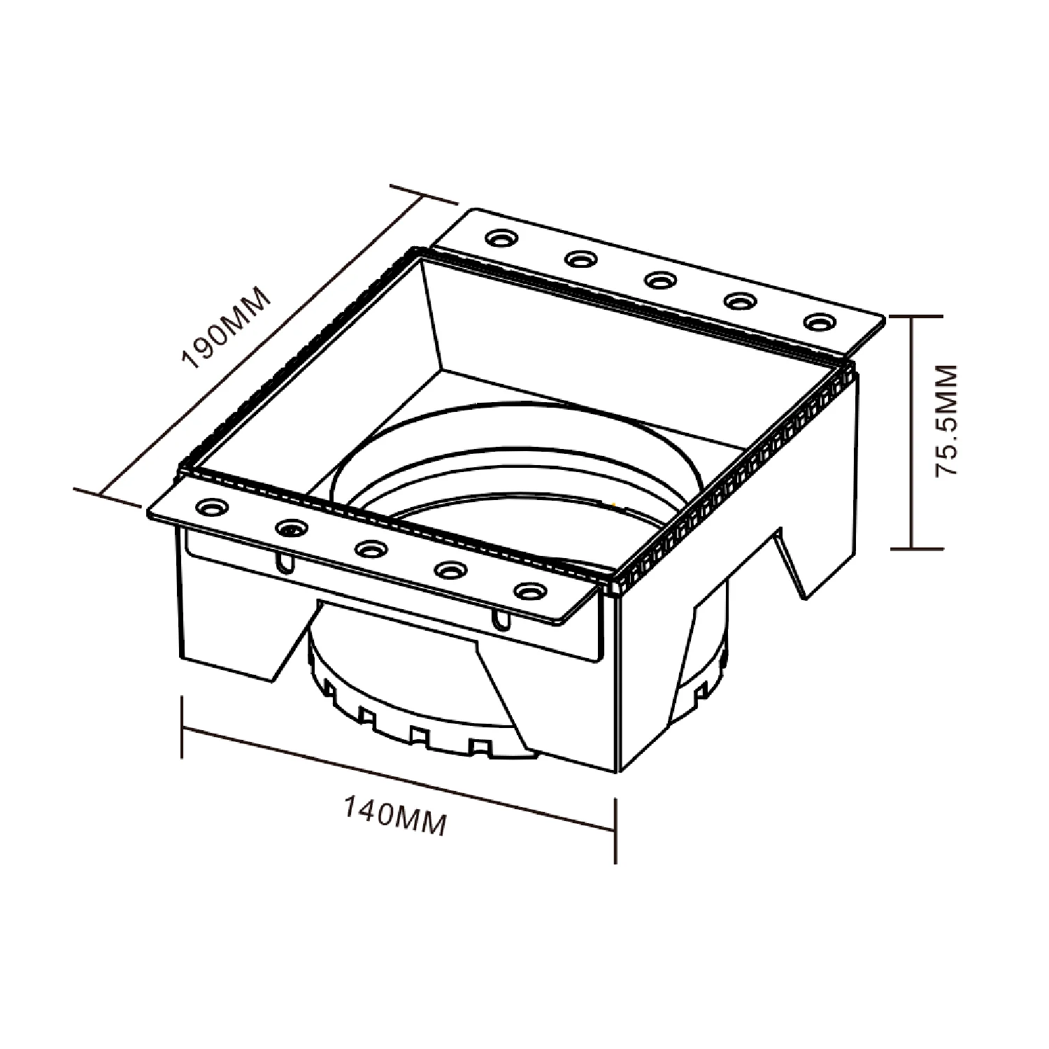 Technical drawing of a rectangular metal component with dimensions labeled