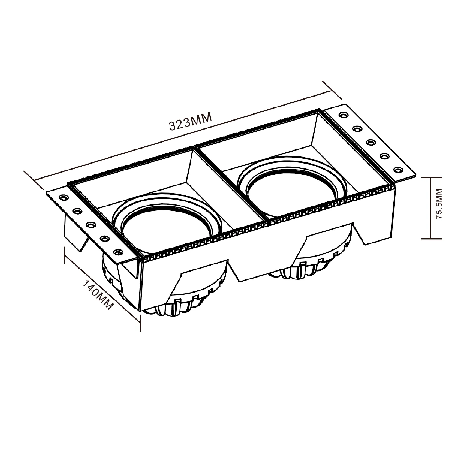 Technical drawing of a double recessed light fixture with dimensions