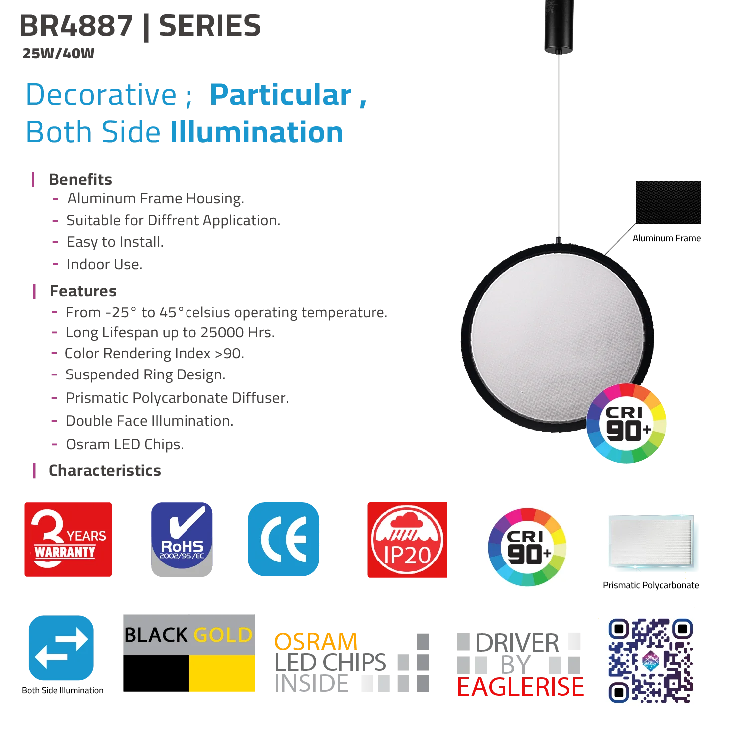 إضاءة معلقة ليد (BR4887) – إنارة ديكورية بتصميم أنيق، وضوح ألوان عالٍ CRI >90، مع ناشر ضوئي شفاف – متوفرة باللون الأسود والذهبي