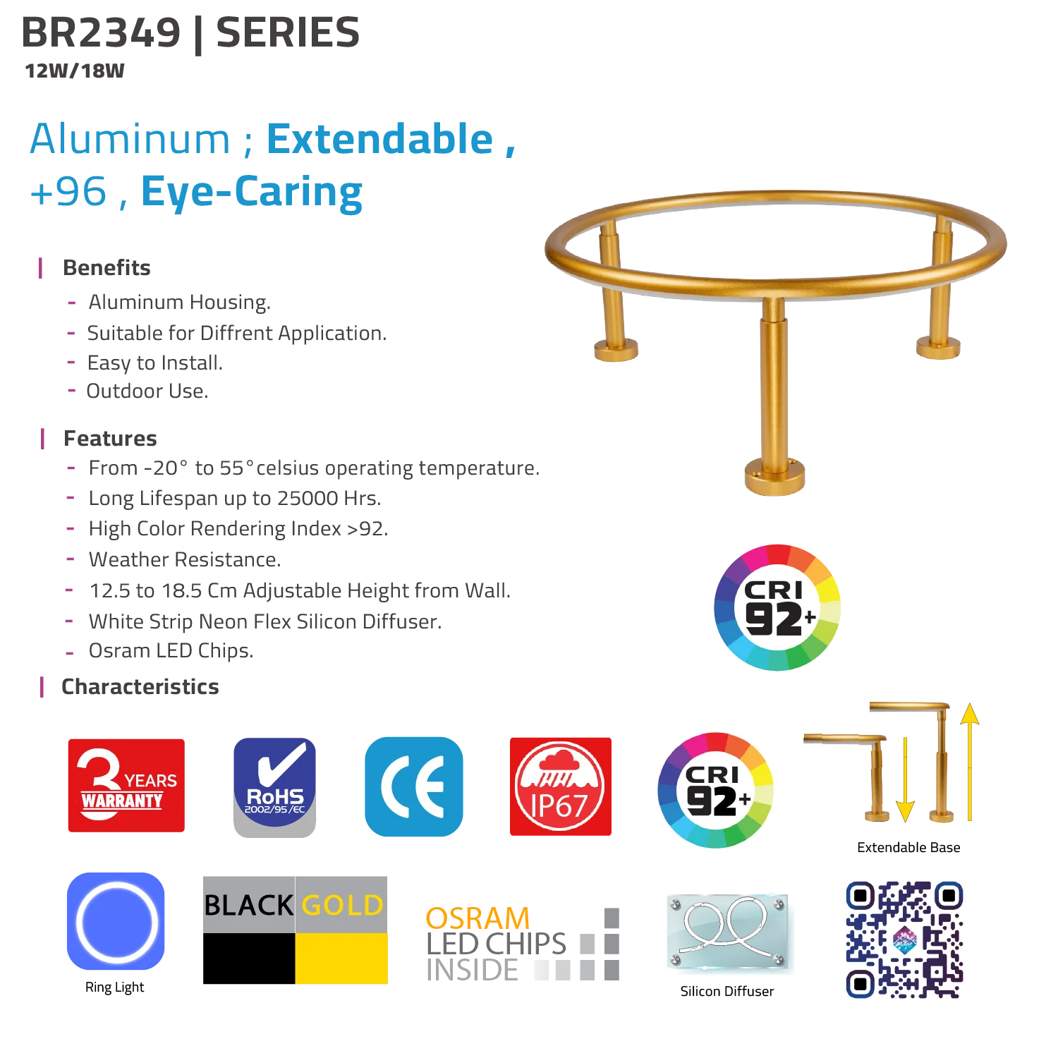 إنارة جدارية ديكورية خارجية (BR2349) – مقاومة للعوامل الجوية IP67 - بوضوح ألوان مرتفع CRI>92 - شرائح OSRAM