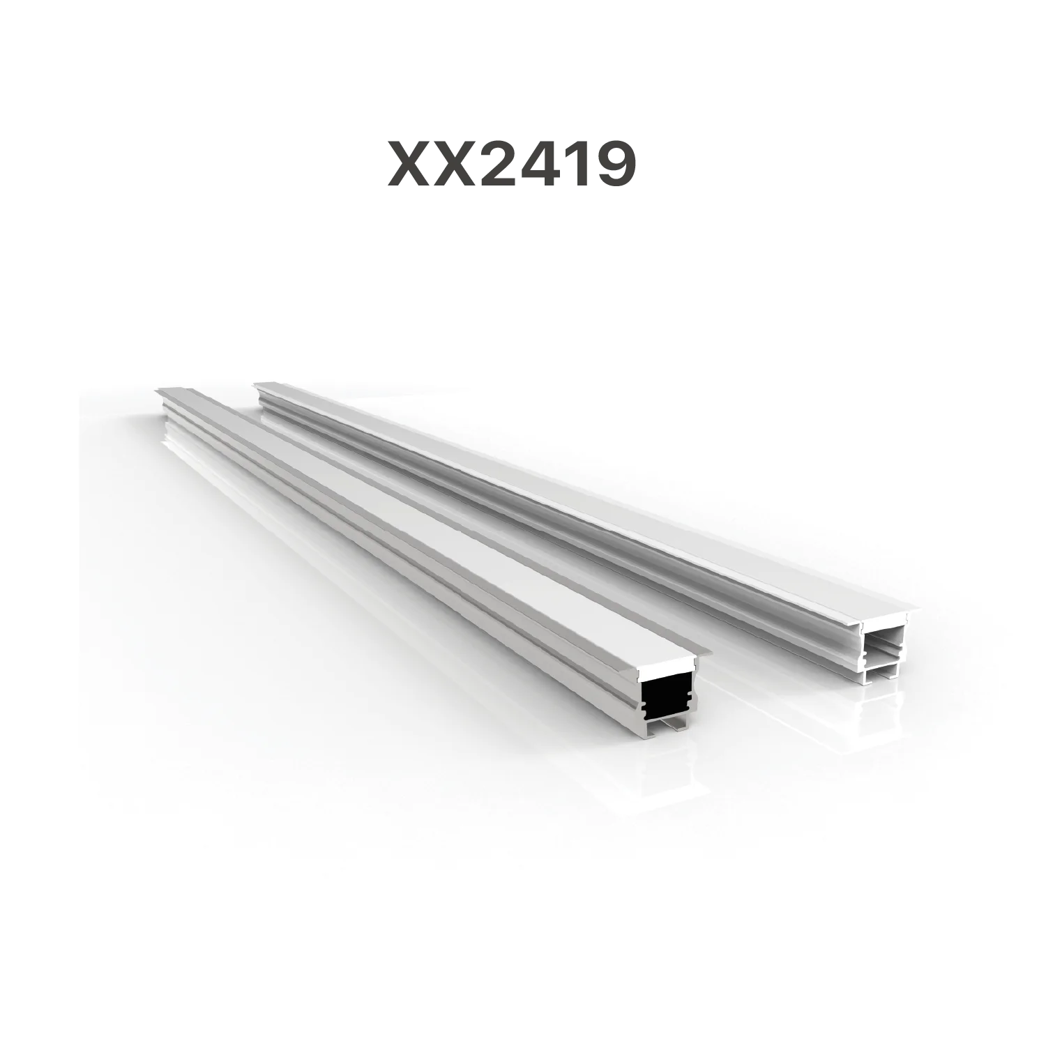 Three metallic rectangular profiles on a white background with 'XX2419' text.