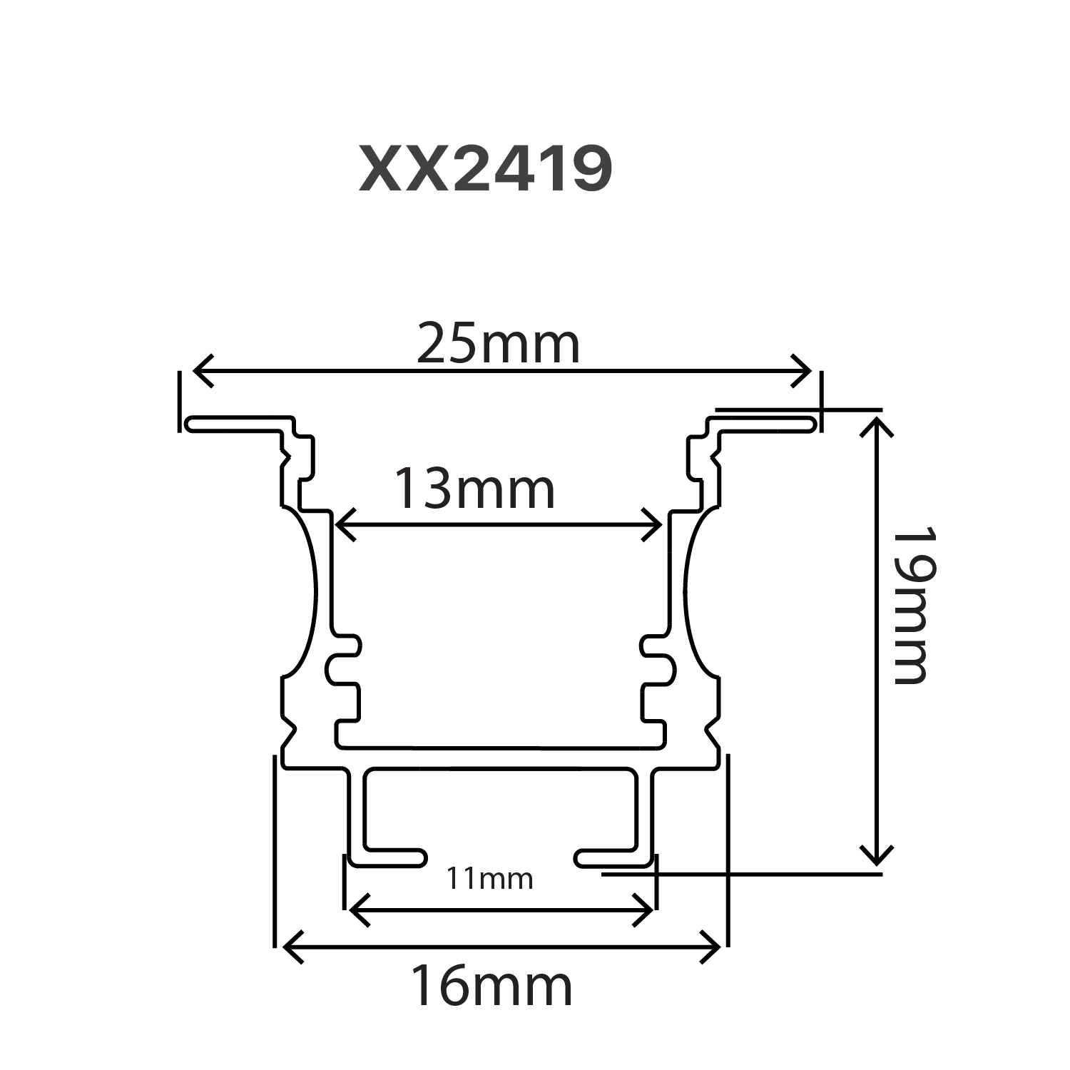 Technical drawing of a profile with dimensions labeled