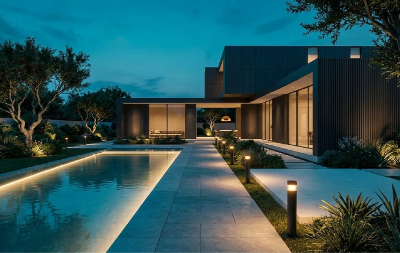 Modern house with a pool at night, illuminated by exterior lights.