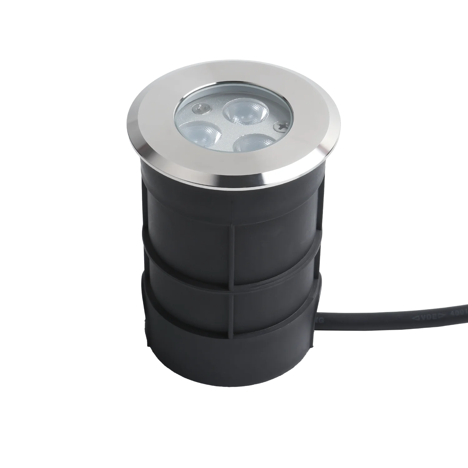 An underwater light with a metallic top and a black cylindrical base, equipped with multiple LEDs.