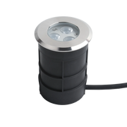 An underwater light with a metallic top and a black cylindrical base, equipped with multiple LEDs.